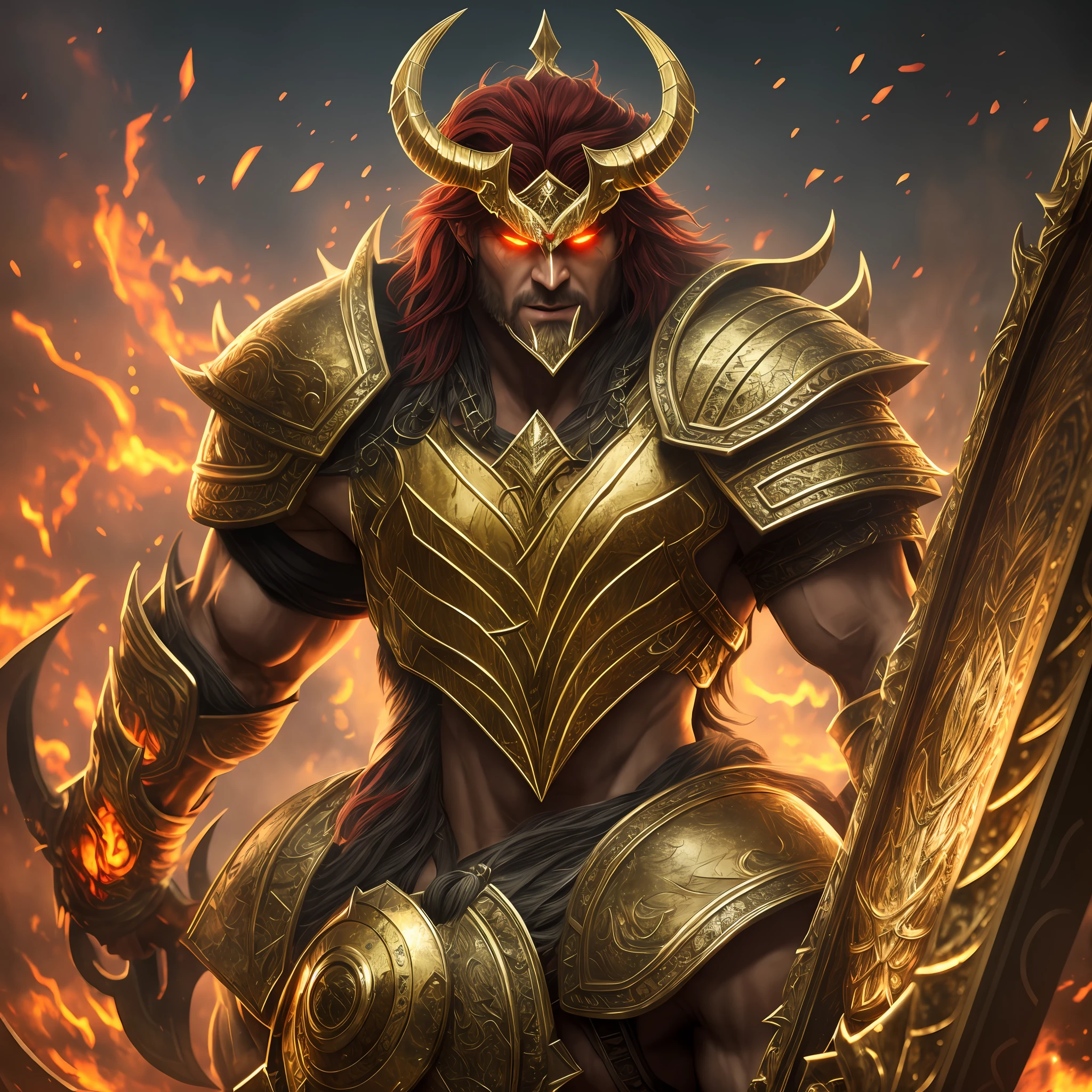 Gold armor, berserker potrait, male barbarian, fantasy art, From his look alone enemies starting to panic, one head,devilish smile, Hell beast, demon, white-fire Sky, warrior, with scythe and shield, beutiful, men, Werelion, long braided red Hair, glowing gold eyes, realisitic, highly detailed, Unreal Engine, 8k-upscale --auto --s2