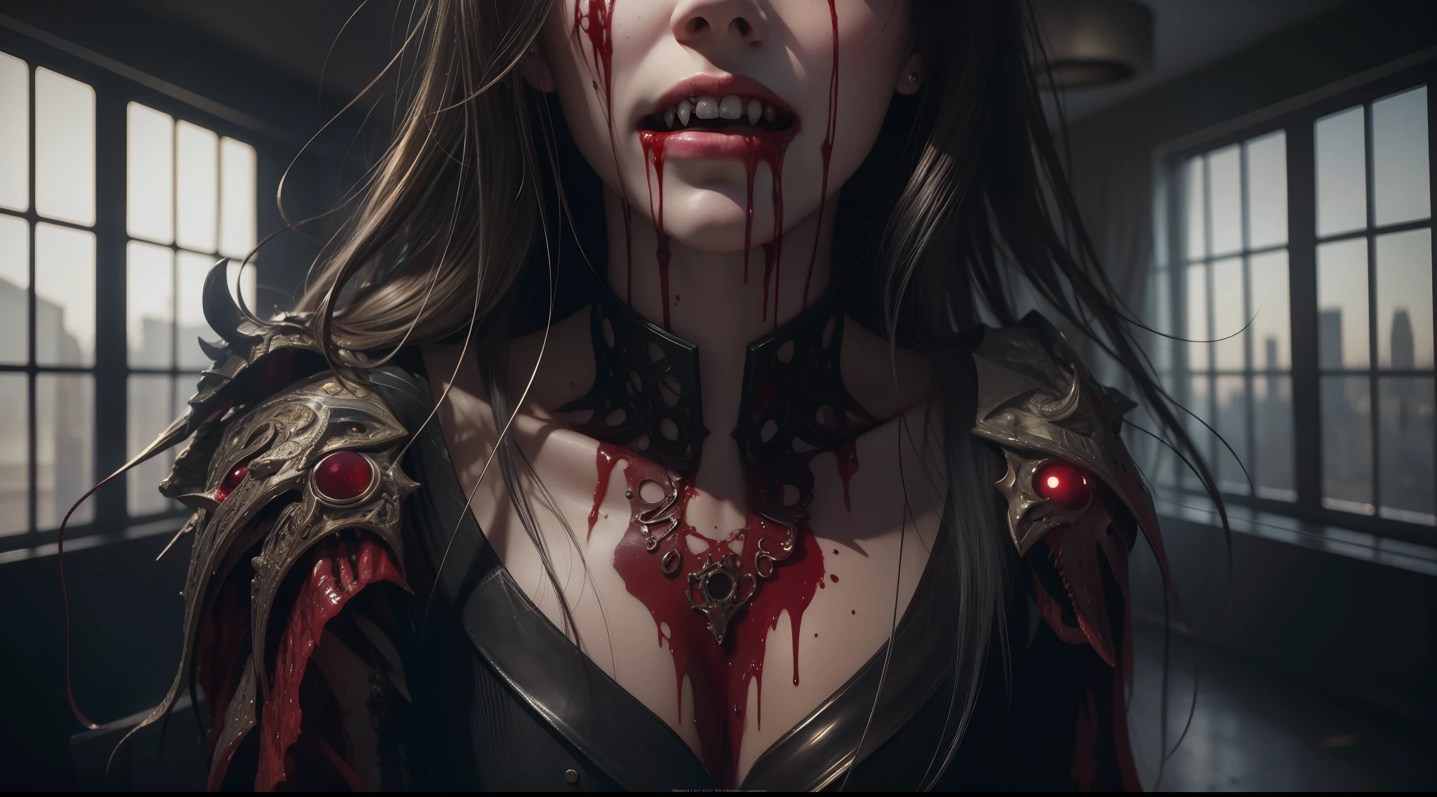 girl, indoor, garbage, dismembered, humanoid, drooling, reelalthorror, blood, mouth, teeth, multiple legs, blood, flesh, sharp teeth, hyperrealism, strong impressionist painting style, 1.618, elegant, ethereal, intricate, elaborate, hyper-realism, hyper-detailed, strong expressiveness and emotionality, cinematic lighting, visual clarity