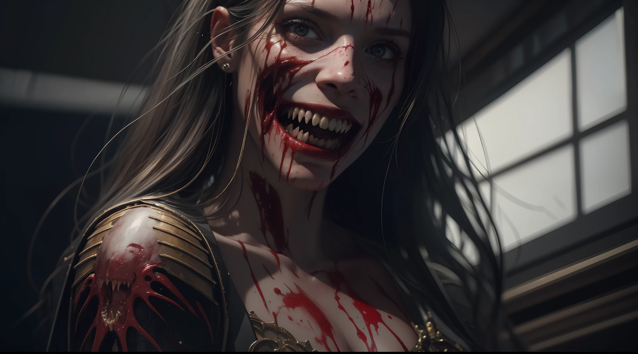 girl, indoor, garbage, dismembered, humanoid, drooling, reelalthorror, blood, mouth, teeth, multiple legs, blood, flesh, sharp teeth, hyperrealism, strong impressionist painting style, 1.618, elegant, ethereal, intricate, elaborate, hyper-realism, hyper-detailed, strong expressiveness and emotionality, cinematic lighting, visual clarity