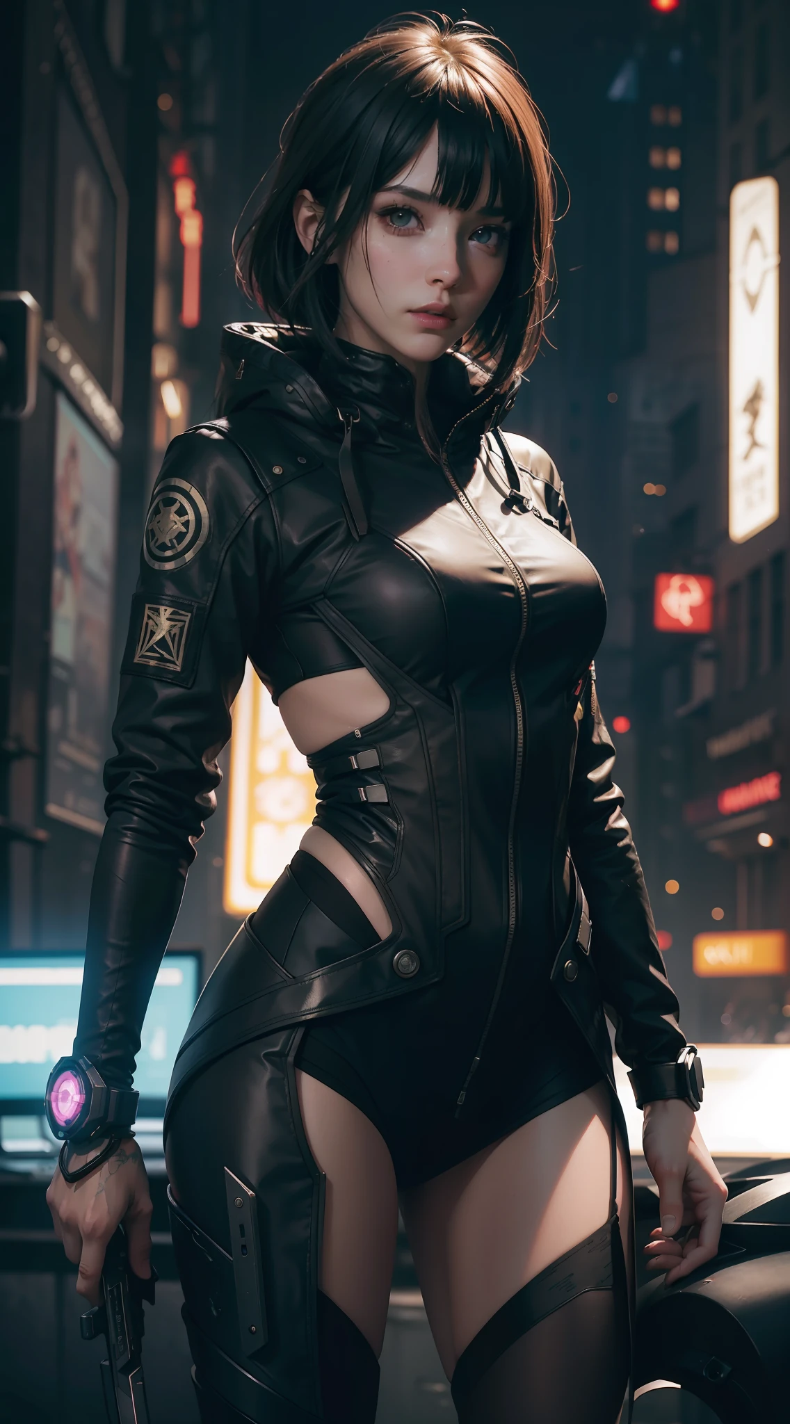Beautiful hyperrealistic photograph of female cyberpunk android, wearing Blade Runner jacket, fringe cut bangs hairstyle, cluttered Blade Runner background, dynamic pose, concept art, By Brian Froud and Carne Griffiths and Wadim Kashin and John William Waterhouse, intricate detail, 8k post-production, High resolution, super Detail, trending on ArtStation, sharp focus, studio photos, intricate detail, depth of field, f/2.8, cinematic illumination, dark shadows.