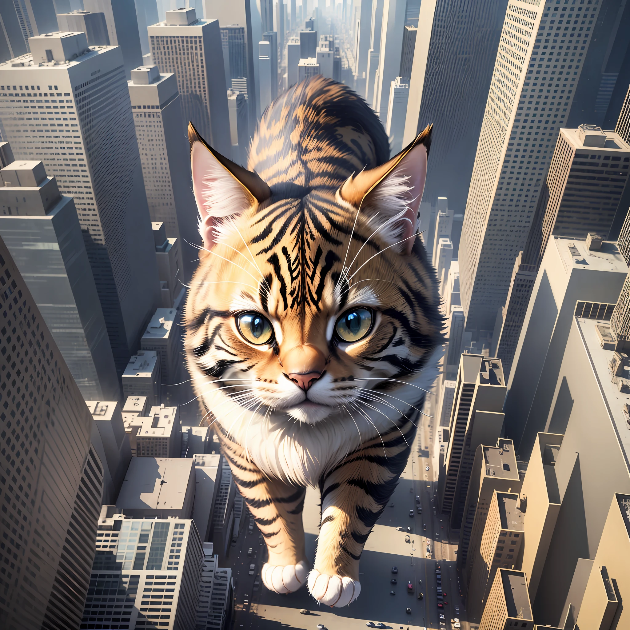 10000 feet super cute giant cat walking between skyscrapers golden background urban realistic ultra detailed iphone logo CGI 8k resolution --auto --s2