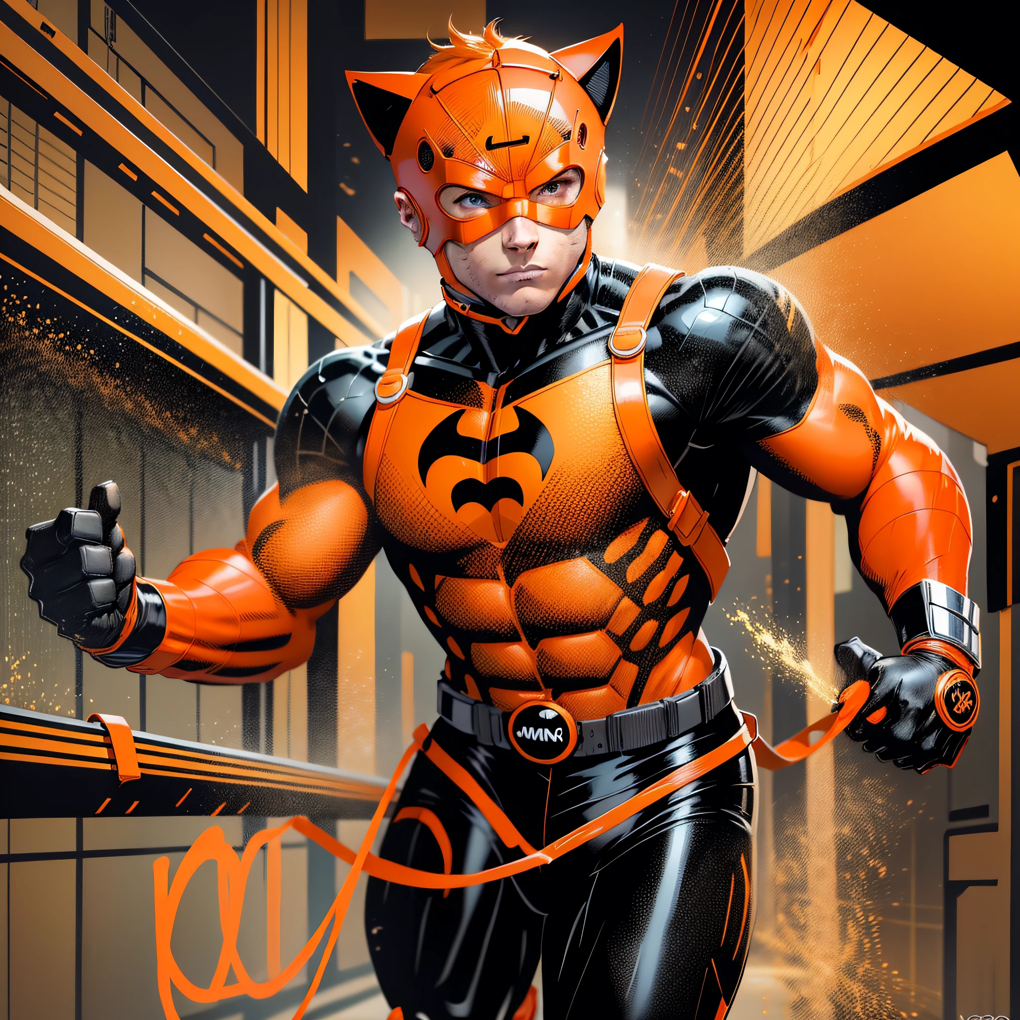Cute young man 22 years old,orange mask with feline ear,orange brusa,black long sleeves,orange glove,orange belt,black pants,orange boot,super hero,full body,running,white background --seed3304890780