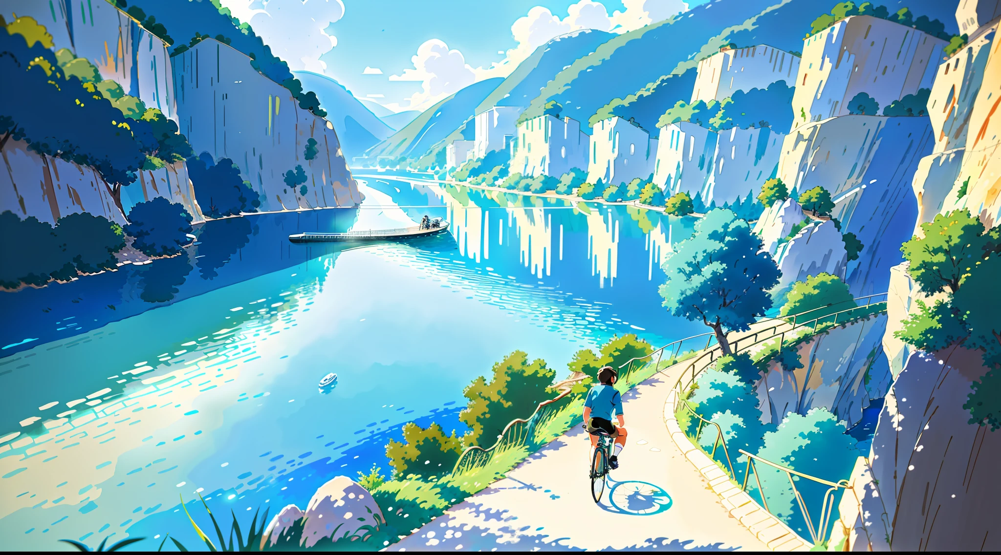 (bike: 1.5), (realistic bike: 1.5), (realistic cyclist: 1.5), back cyclist, France, gorges du verdon, turquoise water, sun, landscape background, shadows, contrast, makoto shinkai (Best quality:1.3), (Highres:1) Art by Studio Ghibli Style, Impressionism, Solitude