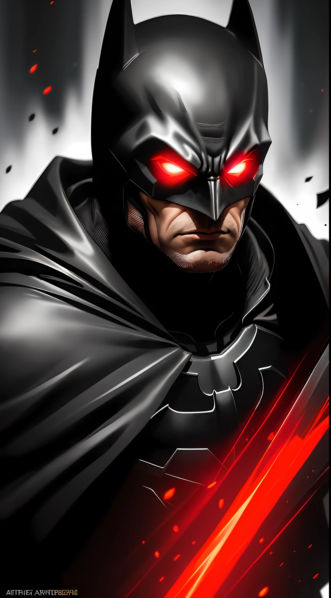 (dark shot: 1.1), epic realistic, Batman in the dark with glowing red eyes and glowing cape, soft cinematic light, Adobe Lightroom, darkroom, HDR, intricate, highly detailed, (depth of field: 1.4), hyper-detail (artstation: 1.4), cinematic, warm light, dramatic light (complex details: 1.1)