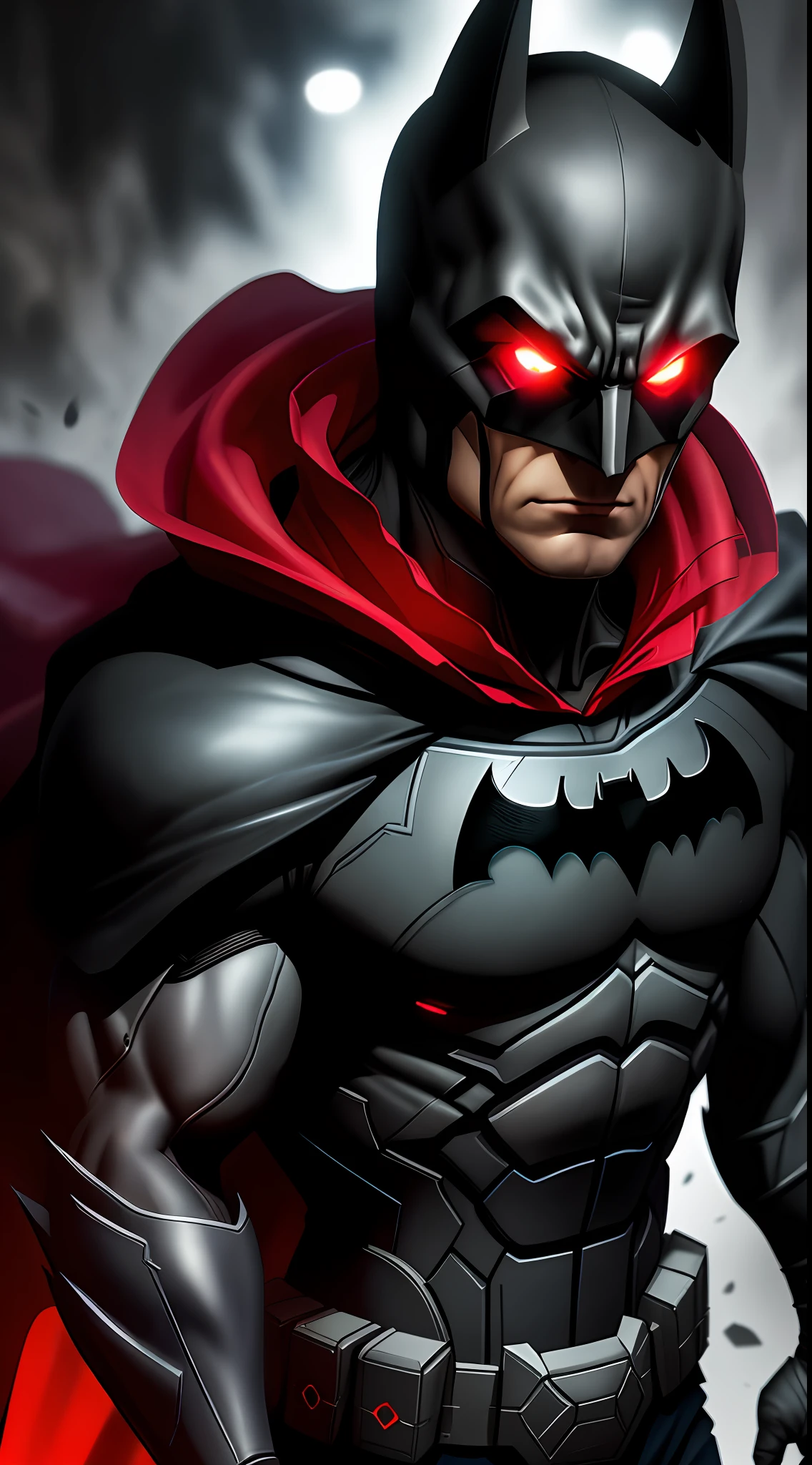(dark shot: 1.1), epic realistic, Batman in the dark with glowing red eyes and glowing cape, soft cinematic light, Adobe Lightroom, darkroom, HDR, intricate, highly detailed, (depth of field: 1.4), hyper-detail (artstation: 1.4), cinematic, warm light, dramatic light (complex details: 1.1)