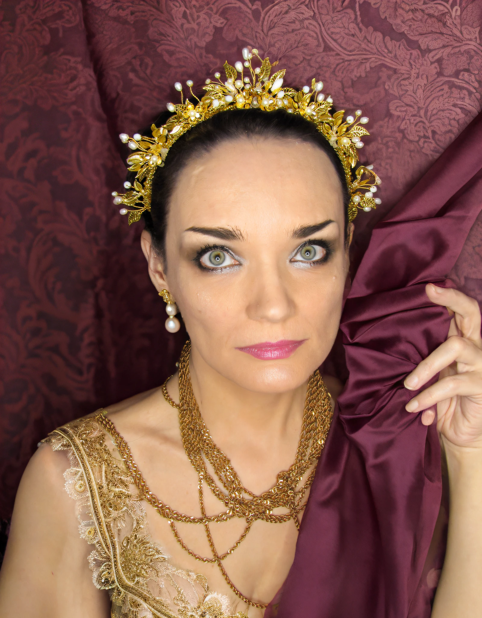RAW photo, masterpiece,high quality, arafed woman wearing a gold crown and pearls on her head, beautiful ears, beautiful pearls earrings, background is a curtain of a purple damask fabric with a pattern of wavy lines, national russian, long flowing fabric, silk fabric, deep purple, diaphanous translucent, soft translucent fabric folds, drapery, baroque cloth, elegant fabric, paisley, alizarin curtains, foliage, beige and golden lace national russian dress, extremely detailed , sharp, a photorealistic extremely detailed fabric texture, adorned with golden embroidery and beige pearls , analog ,8k uhd, highres, arafed bride wearing a elegant bridal lace Luxury Dress, small breasts, beautiful shaded , beige and golden lace, beautiful shoulders, beautiful skin, realistic shaded skin, , photo realistic, extremely detailed, beautiful breast, beautiful shoulders , perfect body, trending on artstation, cgsociety,