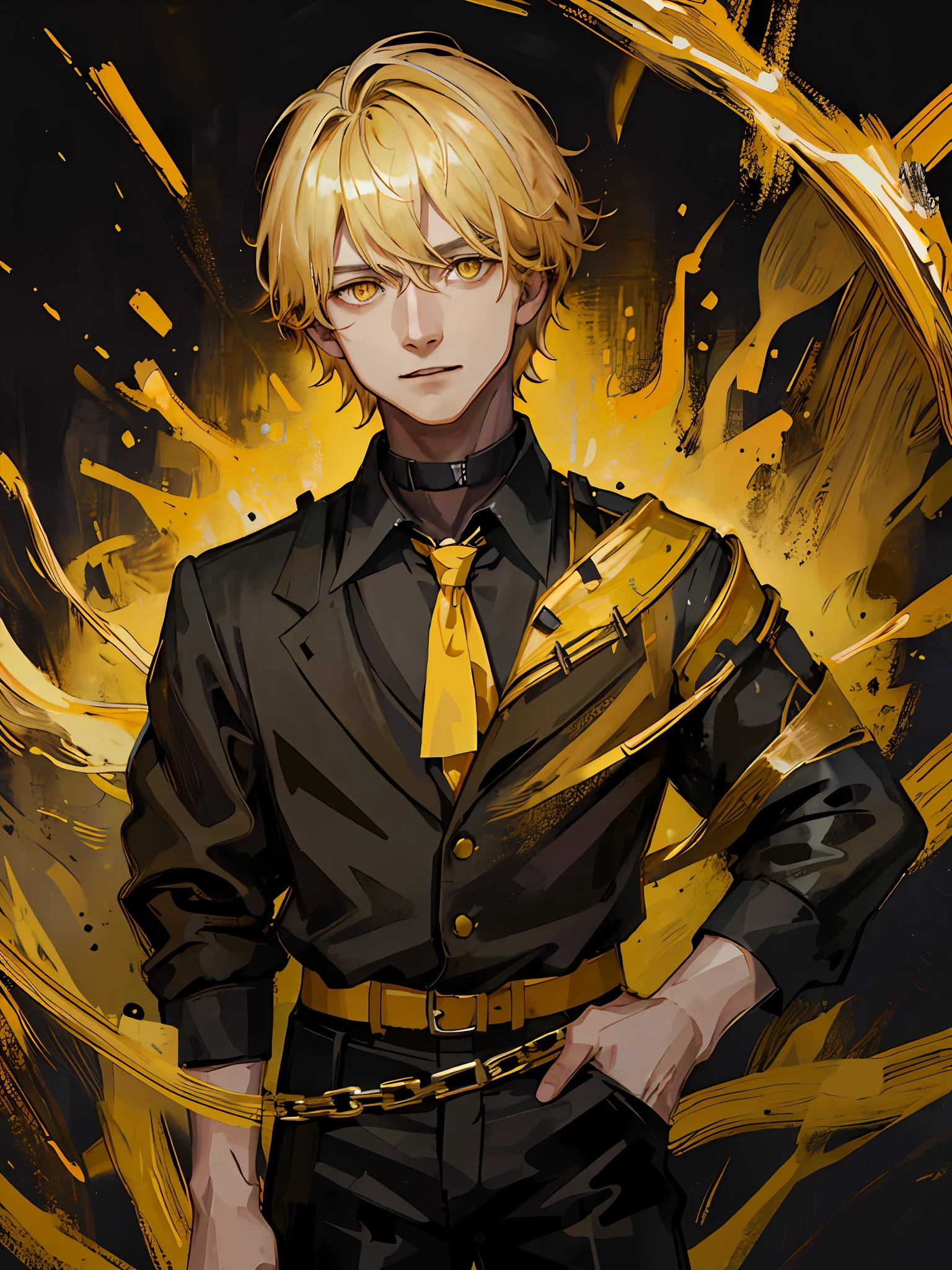 (best quality, masterpiece), portrait, 1 boy, solo, (blond hair, short and wavy), (yellow eyes), black choker, (black blouse, black pants) (dark sky background)