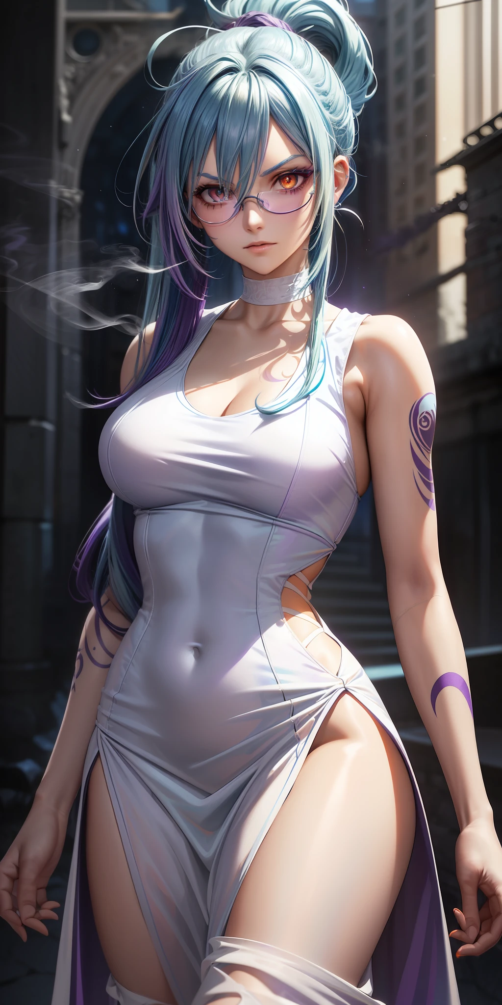 (((anime))),((animation)),game cg,in code geass style,(ponytail),messy hair,(light blue hair:1.4),(purple colored inner hair:1.5),(Orange eyes:1.4),beautiful detailed eyes,(Stylish glasses),moon face,evil grin,(Sleeveless one-piece long dress:1.5),(dress color White:1.5),garter belt,(Tattoo on thigh),(slim),30 years old,girl,sexy,beautiful,gleaming skin,Tattoo of a rose on the left arm,stylish pose,Smoking cigarettes,(Background is a ruins),inorganic matter,Dark atmosphere,extremely detailed CG,unity 8k wallpaper,caustics,super detailed skin,cinematic lighting,dynamic angle