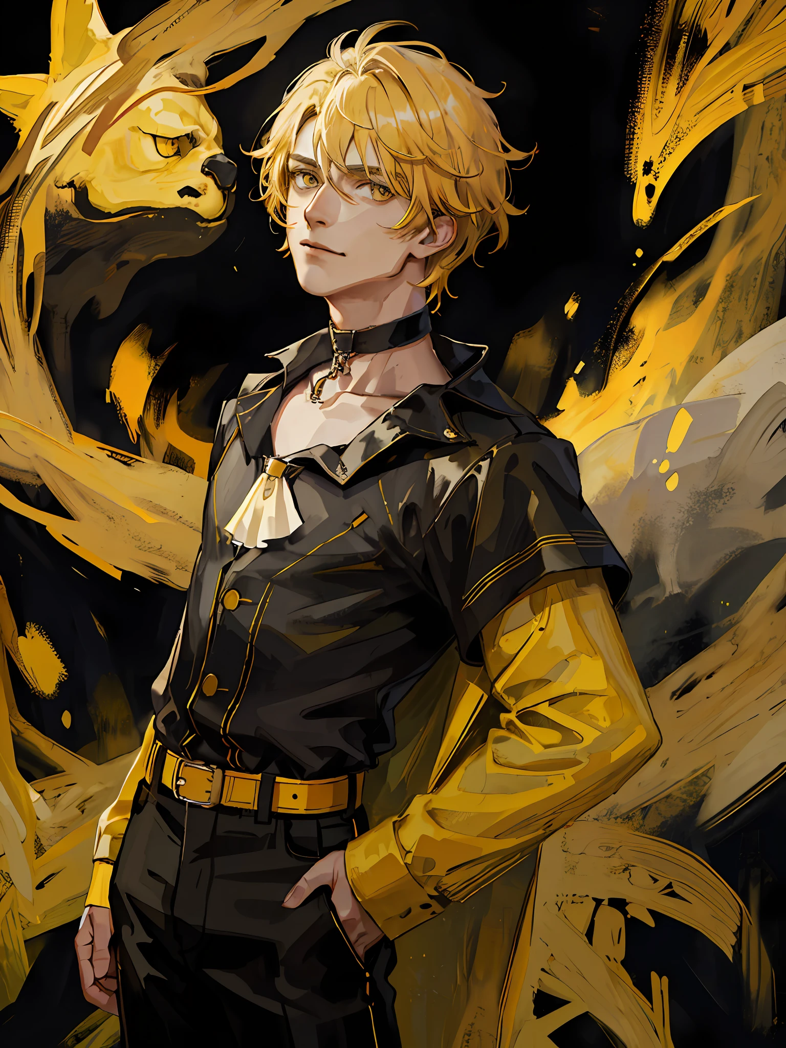 (best quality, masterpiece), portrait, 1 boy, solo, (blond hair, short and wavy), (yellow eyes), black choker, (black blouse, black pants) (dark sky background)