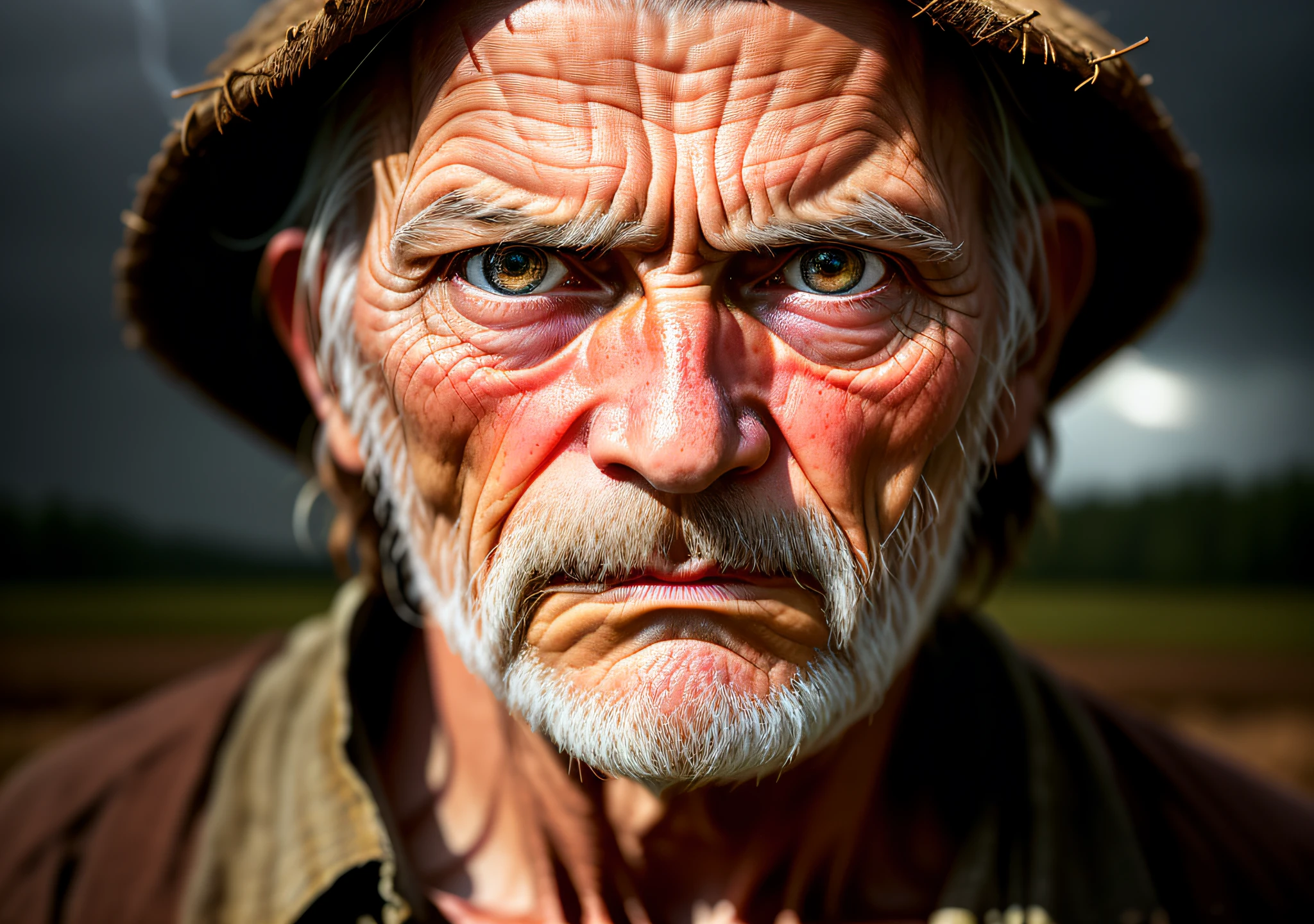(sharp focus:1.2), an award-winning photo of an old peasant, water drops, storm outside, lightning backlighting, , lines on the face, wrinkles, extremely detailed skin, sadness, hopelessness, bleary eyes, (deep shadows:1.1), high contrast, beautiful eyes, absurd, 8k, (high quality: 1.3), , artstation hd, concept art, detailed face and body, award-winning photography, (grumpy lighting:1.2),  depth of field, bokeh, 4K, HDR,terrified