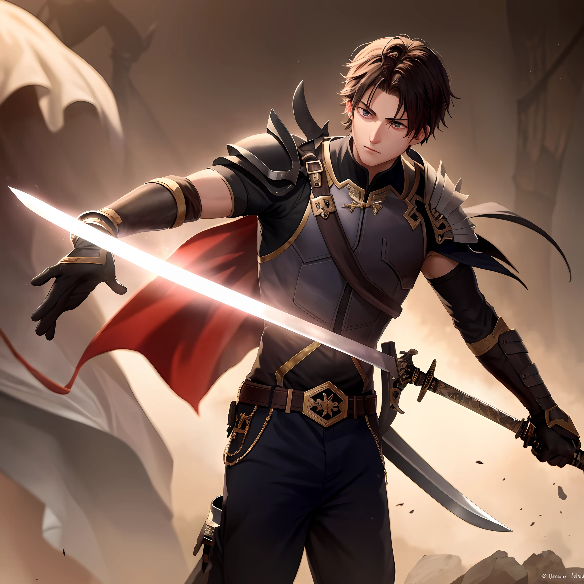 The boy holds a sword and the enemy's head is cut off