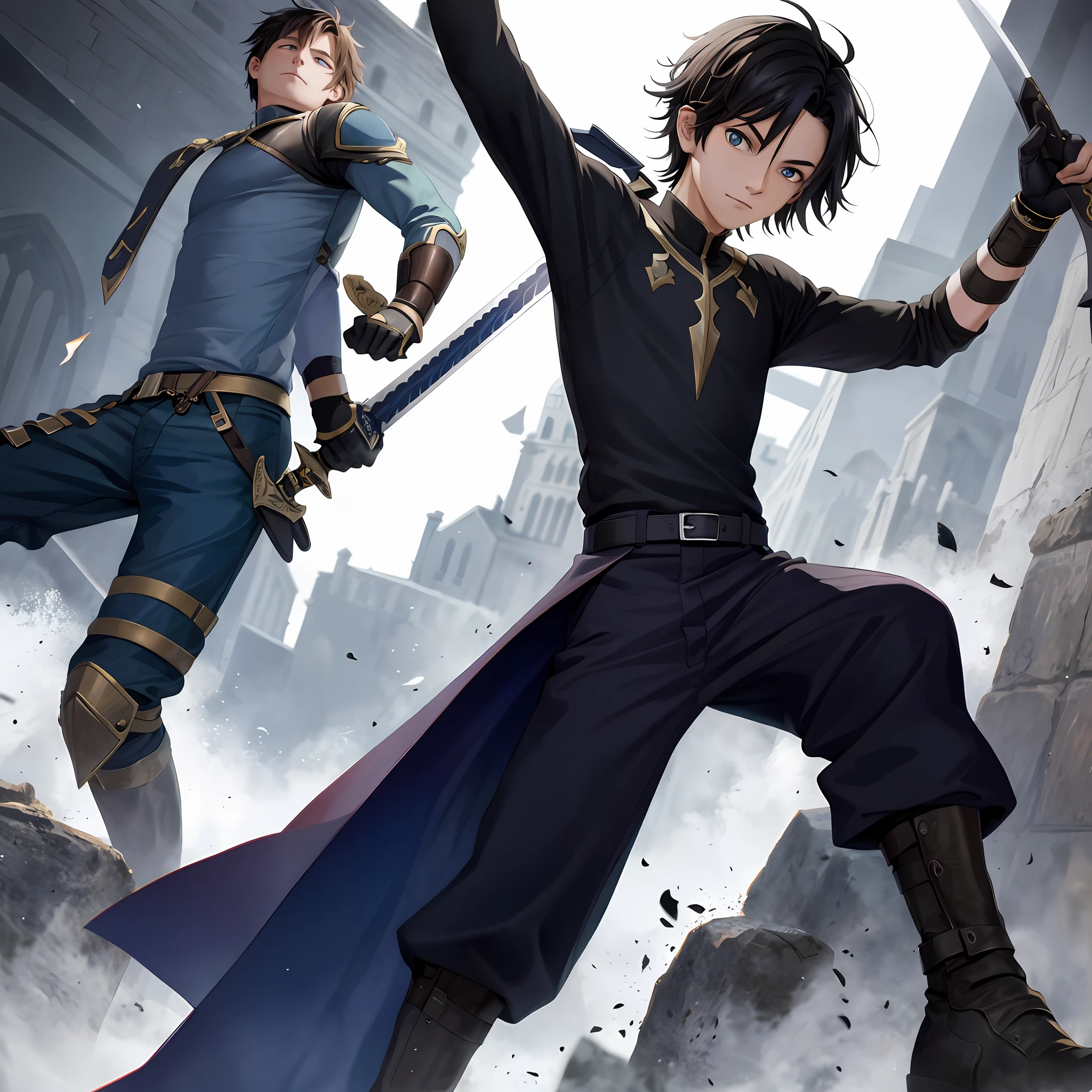 The boy holds a sword and the enemy's head is cut off
