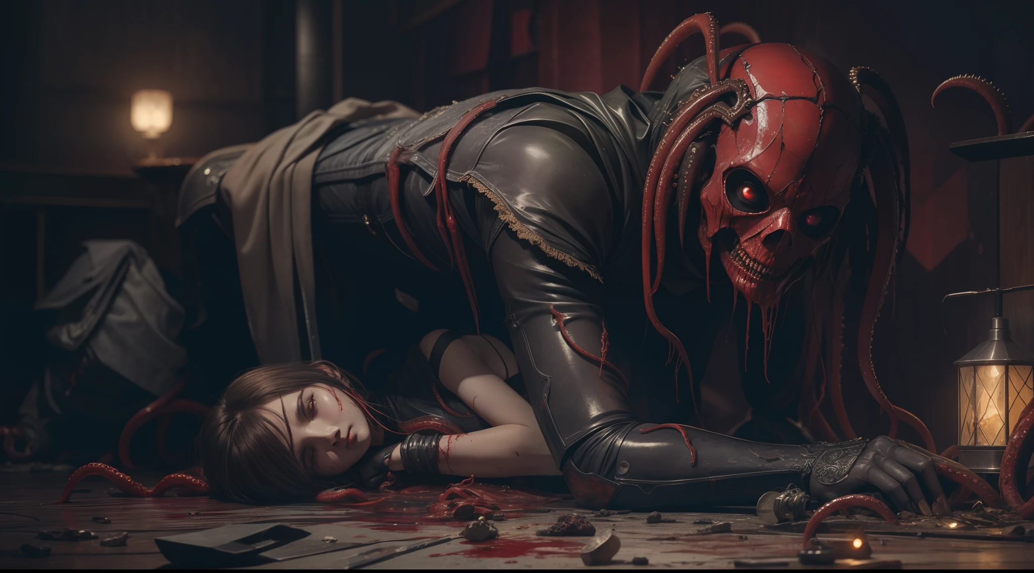 reelhorror, 1girl, humanoid, dismembered body, spider legs, looking at the viewer, short hair, lying down, pants, bag, blood, tentacles, monster, wound, blood on the face, realistic, death, corpse, messy, interior, garbage, pov scene, pov, horror, hyperrealism, strong impressionist painting style, 1.618, elegant, ethereal, intricate, elaborate, hyper-realism, hyper-detailed, strong expressiveness and emotionality, cinematic lighting, visual clarity