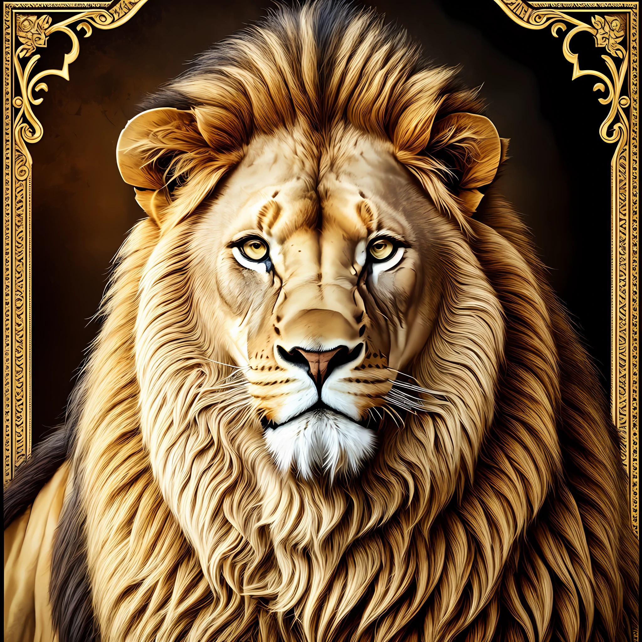 Realistic lion, with authority, with king's crown, mega gold and in original colors, with a slightly dark and bright background, gaze fixed on the screen, and with the focus on his whole body, facing the image with a fearless look --auto --s2