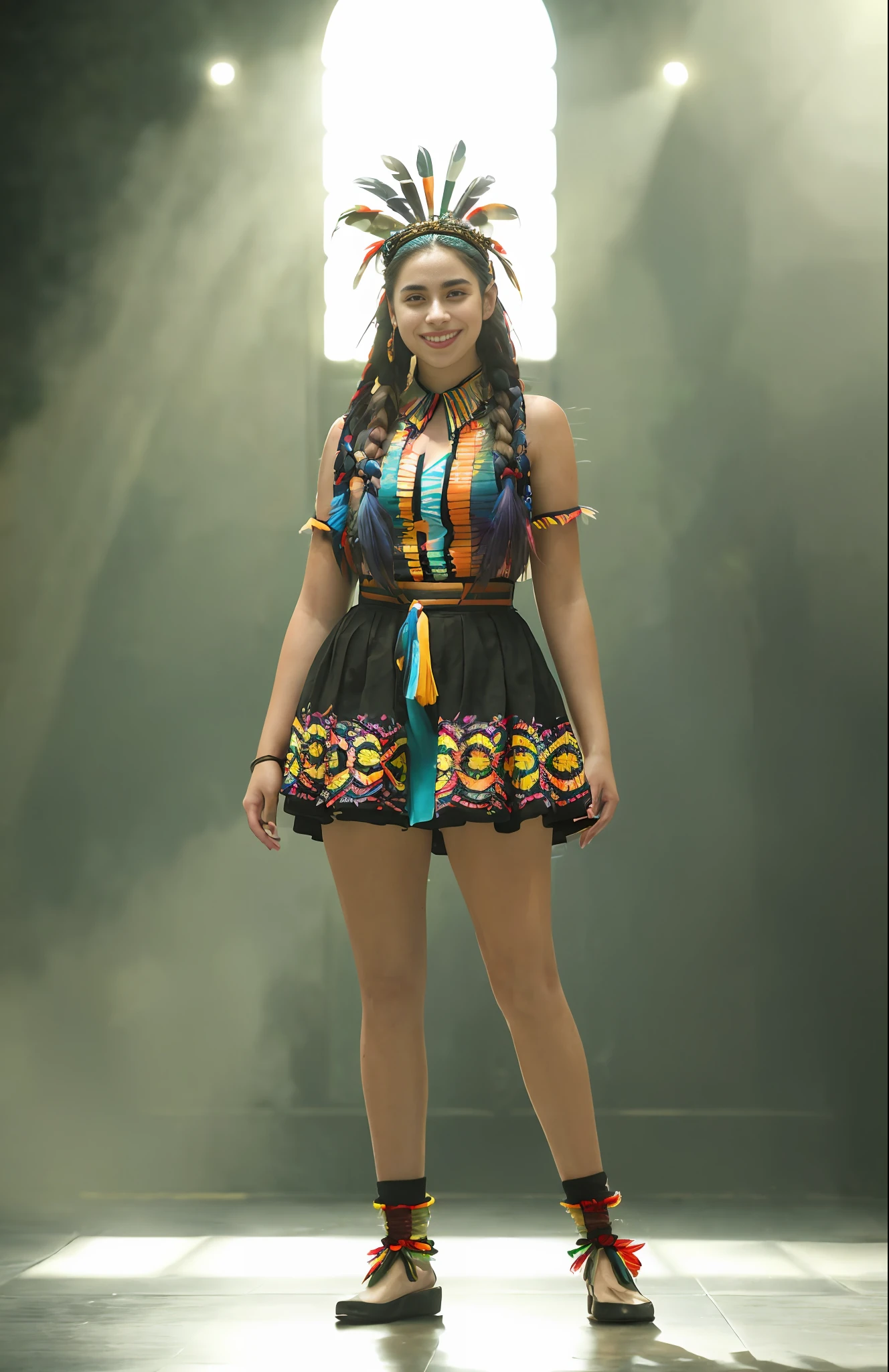 Nikon D850 Movie Stock Photography 4 Kodak Portra 400 Camera F1.6 Lens Rich Colors Hyper Realistic Texture Realistic Lighting Trend Lighting on ArtStation Cinestill 800 Tungsten, (Lauren Jauregui Happy Smiling), Excited, NativAm, Native Dress with NativAm, Feathers on Head, Braids, Native Dress, Native Print, Full Body "((Masterpiece)), Best Quality, Sensual, Lauren Jauregui Happy and elegant for a vibrant city,  Wide shot, exciting background scenery, golden light, soft shadows.