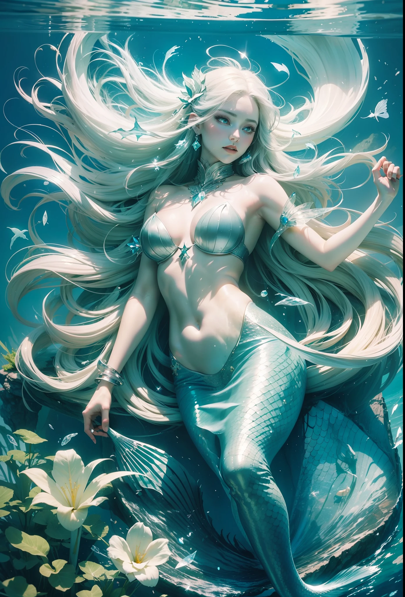 (wonderful lighting, impeccable shadows, masterpiece), a beautiful mermaid floating, long white hair fluttering, crystal clear and luminous waters.
