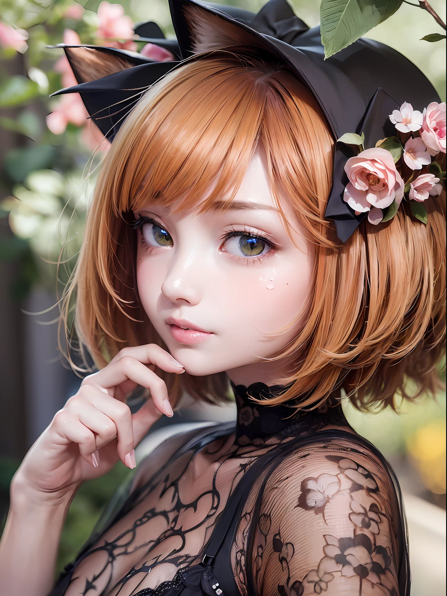 ((masterpiece)), (ultra high res,photorealistic,realistic,best quality,photo-realistic), (((high detailed skin,visible pores))),(real person,photograph), (8k, raw photo, best quality, masterpiece),(1 cute girl),(bob cut), (short orange hair), ((cat ear)), ((Japanese clothes)), Japan, sakura, flowers, ((covers the face)), (green eyes), (orange tail), naked, automatic white balance,(((face close-up))), ((((looking at viewer))))