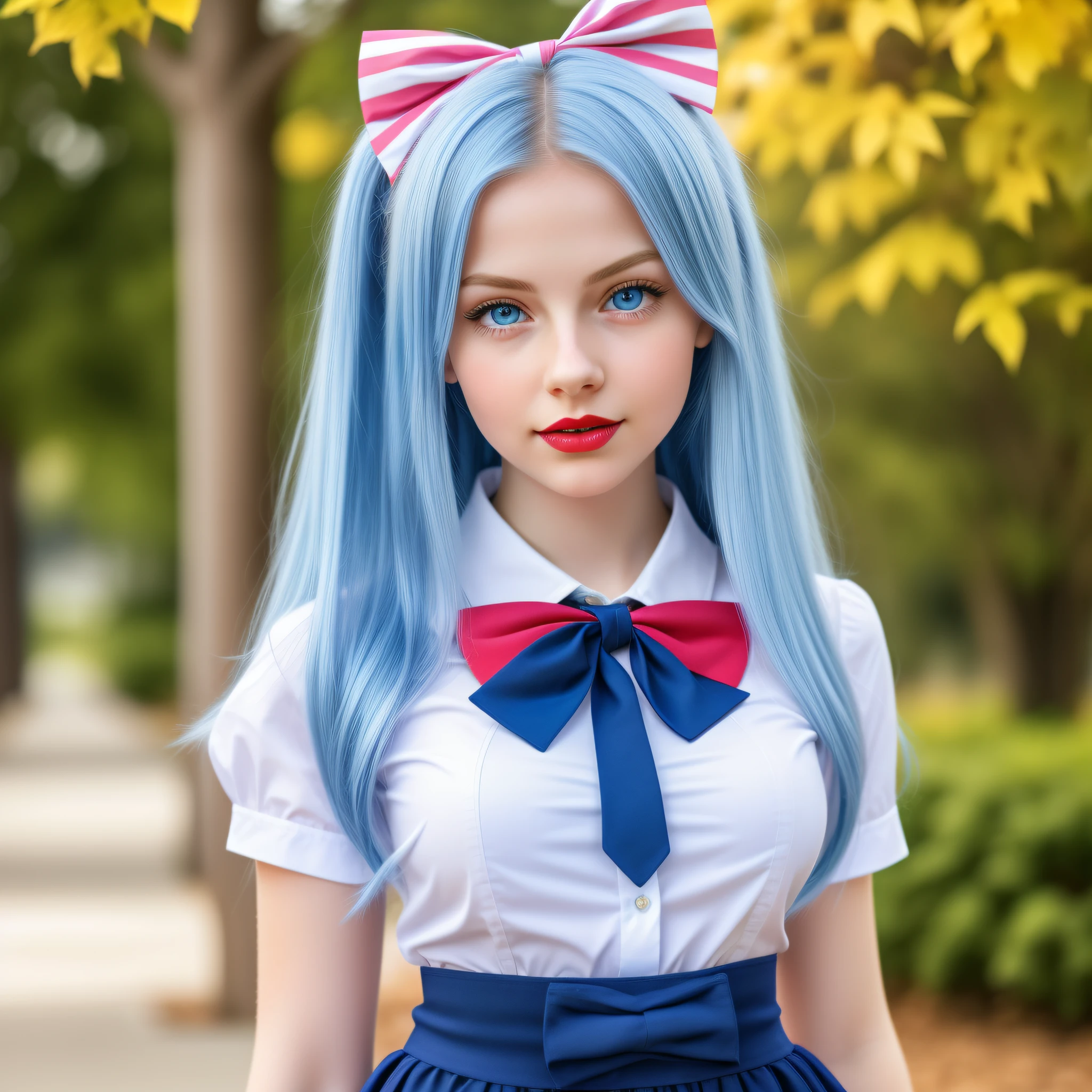 white girl  realistic,beautiful,with long light blue hair to the waist,red lipstick,pink cheek,big blue eyes blue well together horizontally to the nose, school clothes white blouse with red bow and navy blue skirt,full body, , on blurry background in 10k resolution