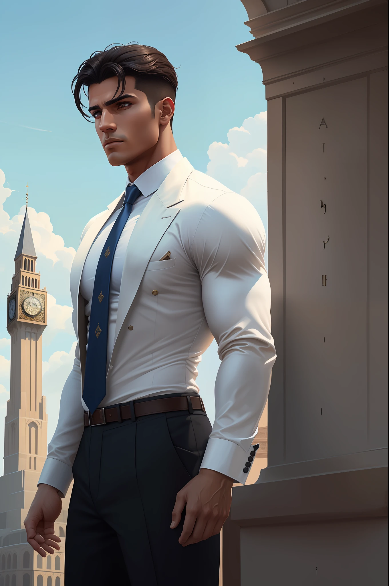 clock tower, a 30 y.o muscular arabic male wearing long-sleeve white shirt and tie, (fancy suit:1.1), digital painting, detailed, sky, f/2.8, (ultra-detailed), (artstation:1.5), radiosity, High Detail, reflection,