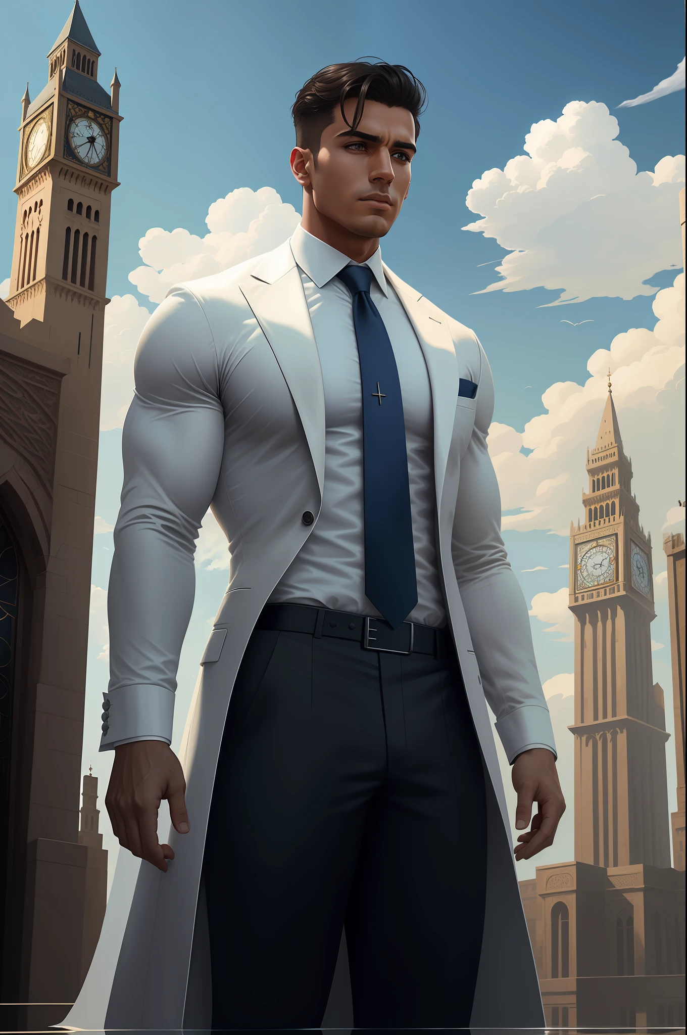 clock tower, a 30 y.o muscular arabic male wearing long-sleeve white shirt and tie, (fancy suit:1.1), digital painting, detailed, sky, f/2.8, (ultra-detailed), (artstation:1.5), radiosity, High Detail, reflection,