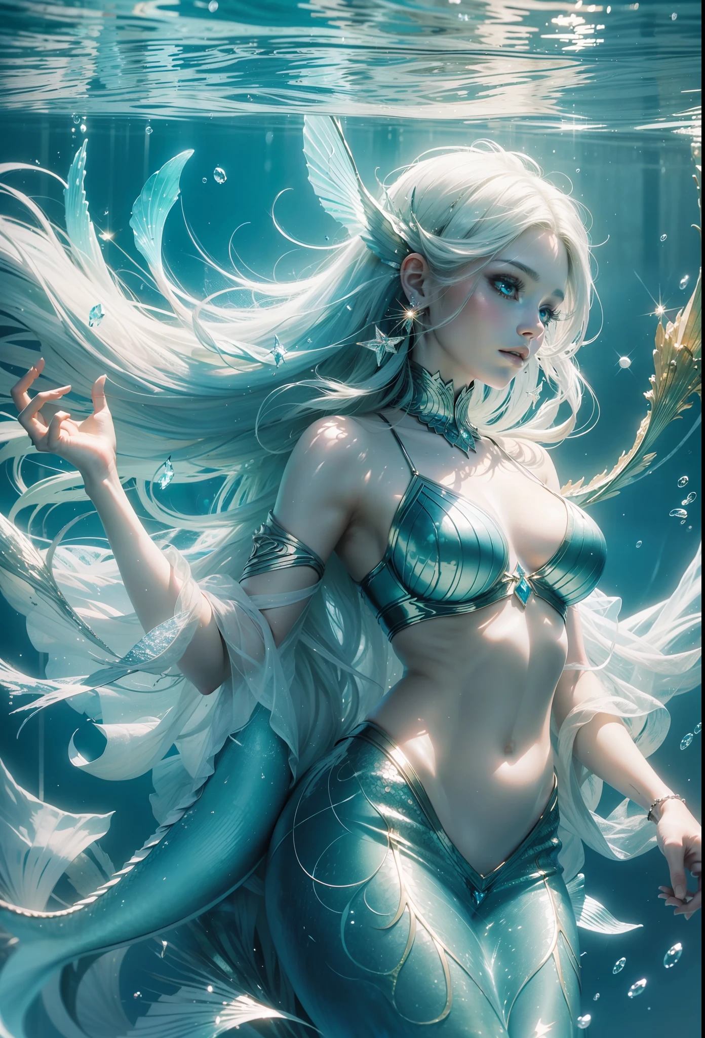 (wonderful lighting, impeccable shadows, masterpiece), a beautiful mermaid floating, long white hair fluttering, crystal clear and luminous waters.