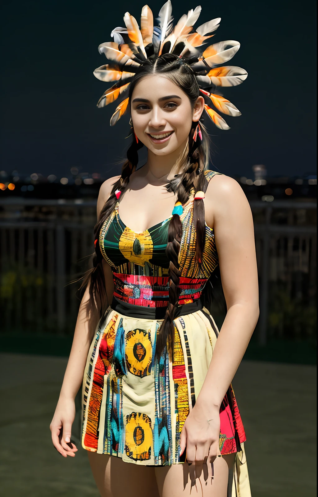 Nikon D850 Movie Stock Photography 4 Kodak Portra 400 Camera F1.6 Lens Rich Colors Hyper Realistic Texture Realistic Lighting Trend Lighting on ArtStation Cinestill 800 Tungsten, (Lauren Jauregui Happy Smiling), Excited, NativAm, Native Dress with NativAm, Feathers on Head, Braids, Native Dress, Native Print, Full Body "((Masterpiece)), Best Quality, Sensual, Lauren Jauregui Happy and elegant for a vibrant city, Wide shot, exciting background scenery, golden light, soft shadows.