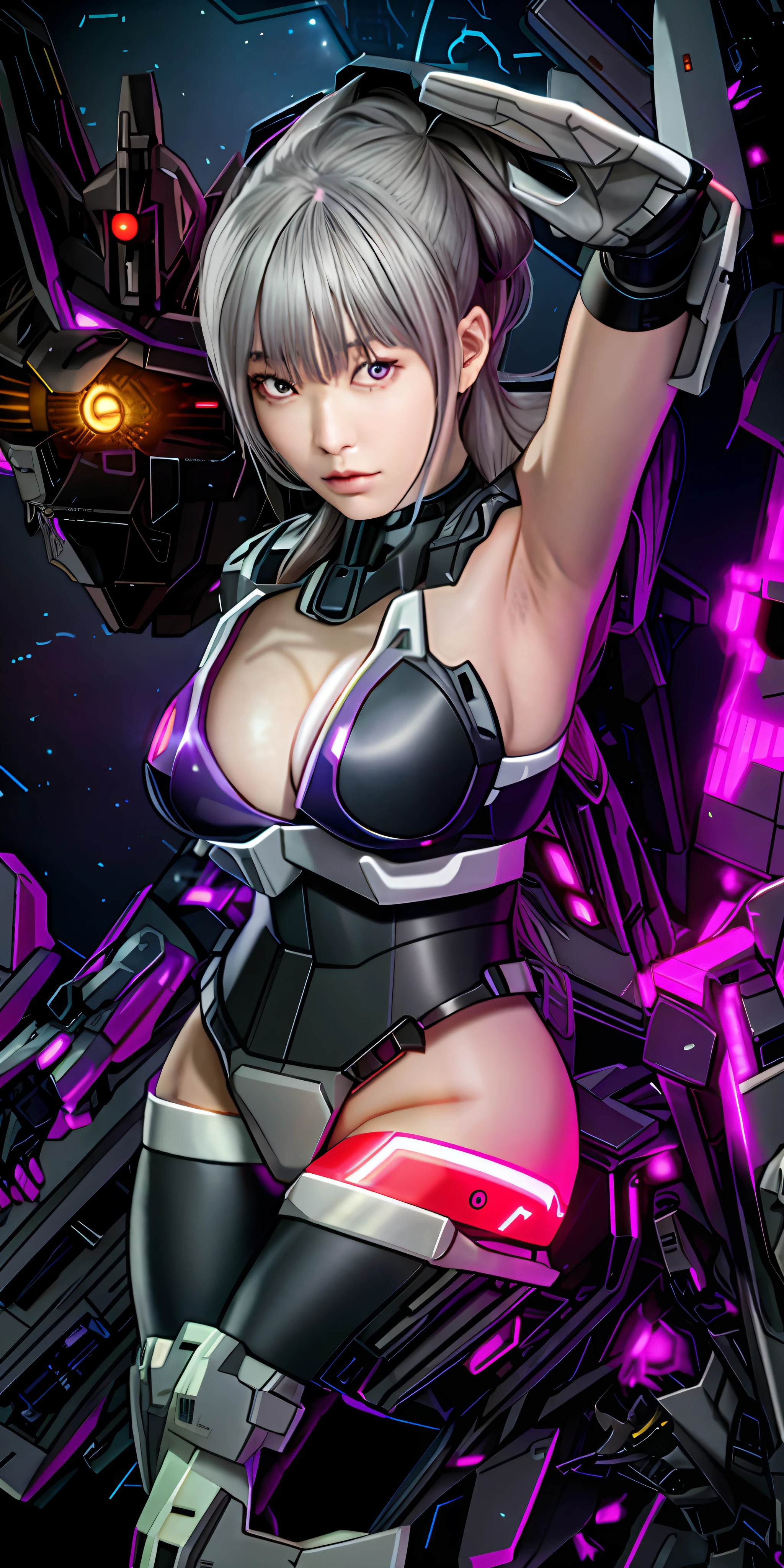 Masterpiece, (Photorealistic: 1.4), Top Quality, Beautiful Lighting, (ulzzang-6500:0.5), (Gray Hair) + (Long Hair) + (Bangs), Purple Eyes, Glowing Eyes, (Gundam Robot Suit), (), Cleavage Exposed Big, GUNDAM RX78, Dense Machine Parts, Tube Lines, Fine LED Lamps, Detailed Neon, RAW Photos, 8k UHD, Film Grain