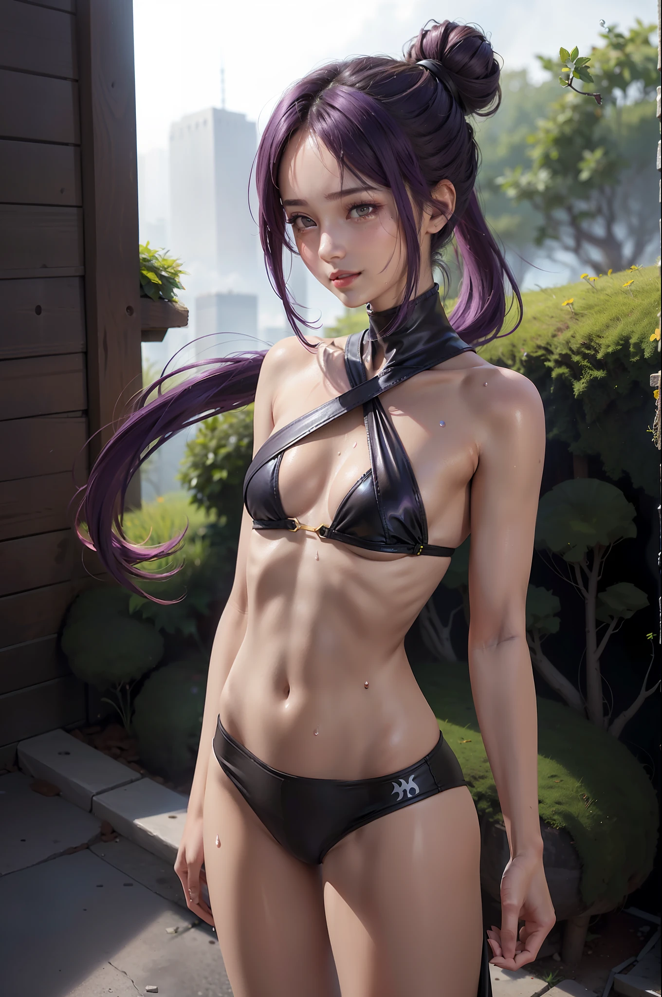 (Best Quality: 1.1), (Masterpiece: 1.2), Portrait,
1 Girl, yuzuriha_, Purple hair, Brown eyes, Ninja, Open clothing, Cleavage, Small tits, Top knots, Mid hair, Detached breasts, White band, Grinning, Outdoors, (blush:1.1), Flowers,
Pure_Innocent_girl, pureerosface_v1, ((torso))), subjective, (((depth of field)))), pale and shiny skin, sweaty, wet skin