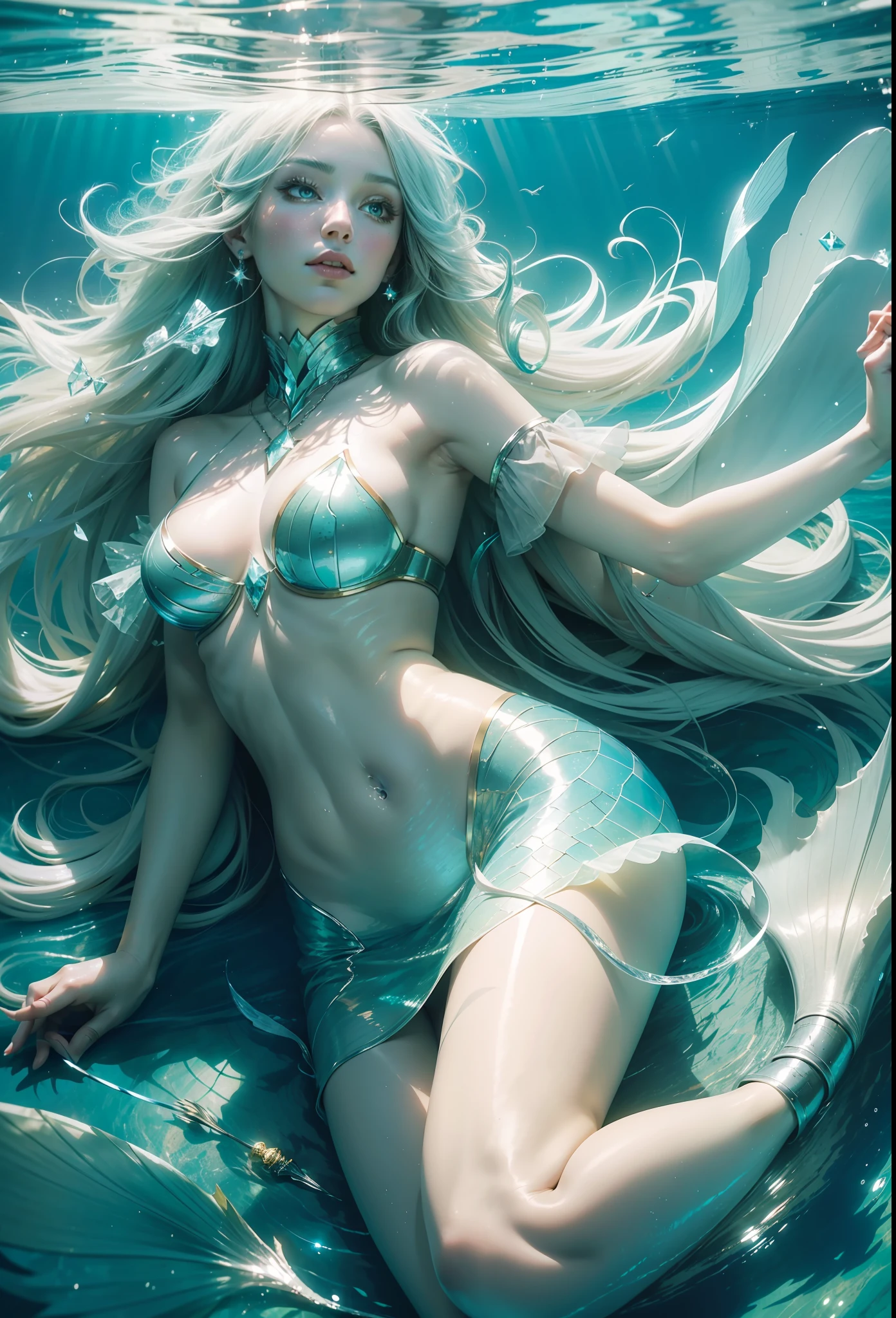 (wonderful lighting, impeccable shadows, masterpiece), a beautiful mermaid floating, long white hair fluttering, crystal clear and luminous waters.