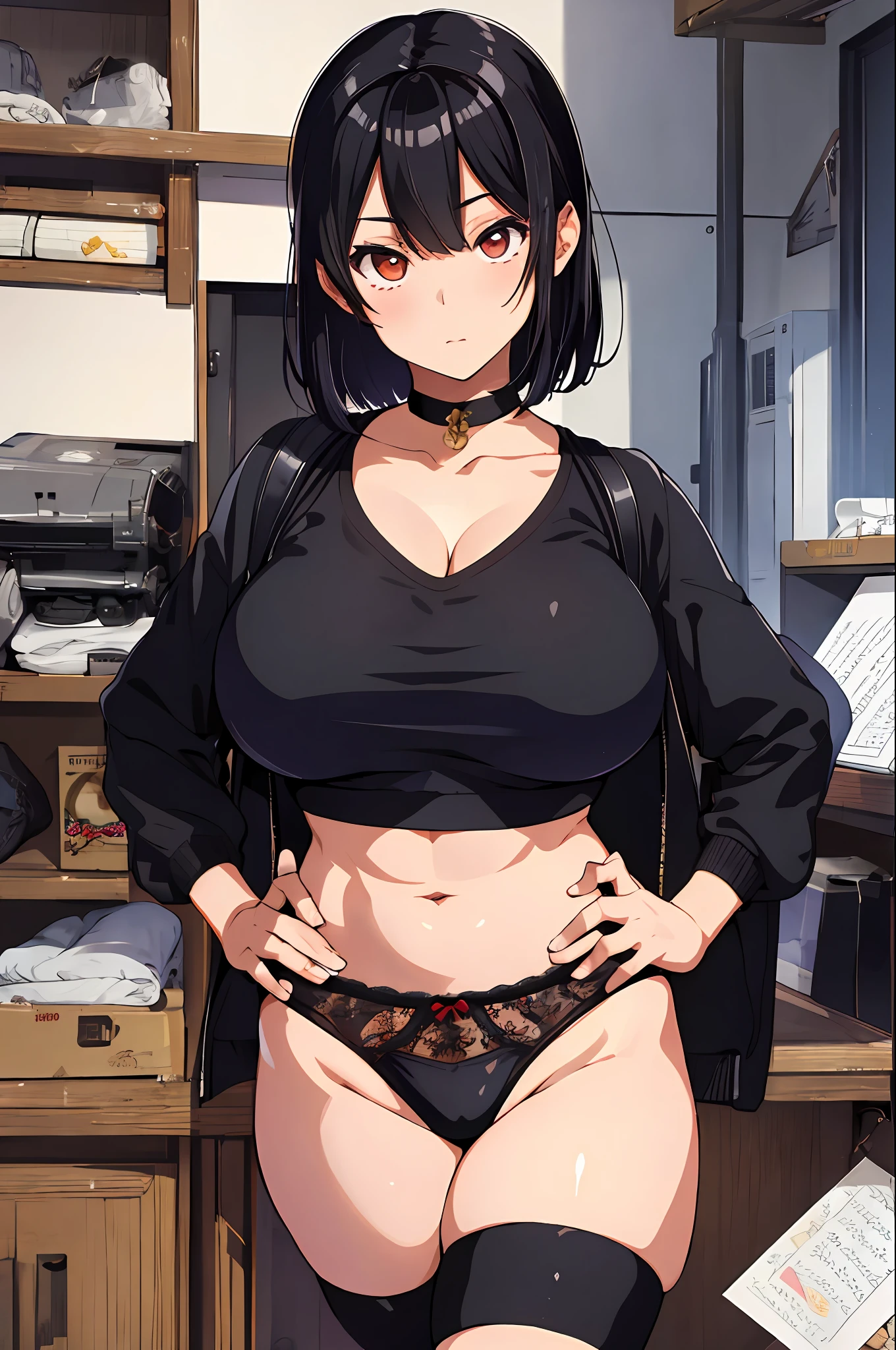 Masterpiece, top quality, highest quality, beautiful and aesthetic: 1.2), highly detailed, underwear, black hair, huge breasts, looking at the viewer, muscular, Hiromitsu Takeda style