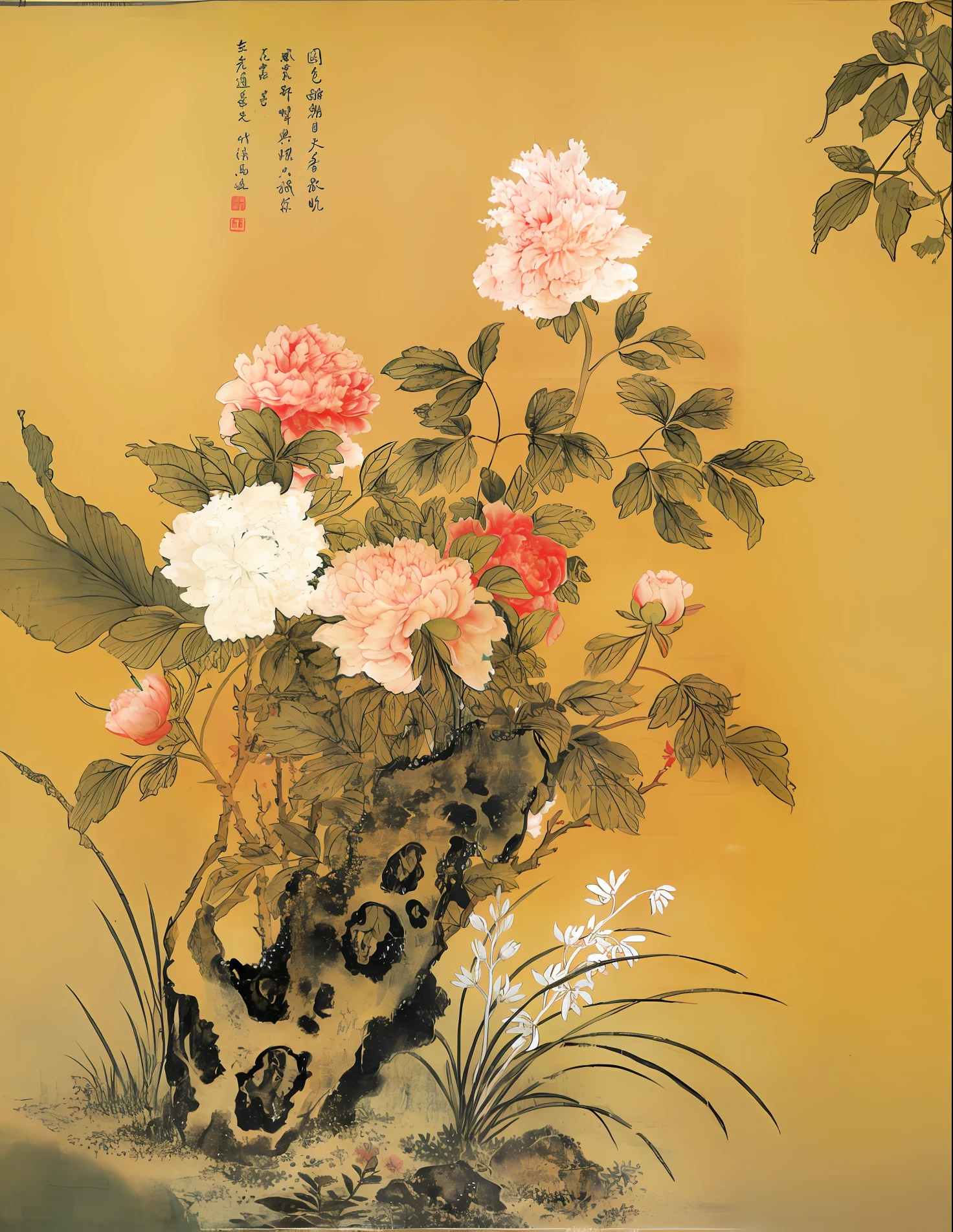 there is a painting of flowers on a yellow background, traditional chinese painting, traditional chinese art, song dynasty, by Gu An, chinese painting style, chinese art, qing dynasty, chinese style painting, by Tang Di, ancient china art style, chinese painting, style of guo hua, by Li Di, by Ma Yuanyu, qing dynasty painting