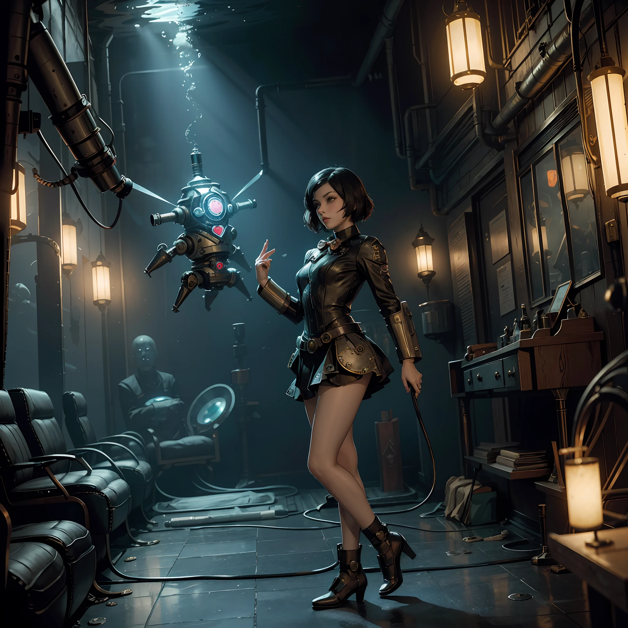 A masterpiece that is similar to Atomic heart interms of character design , robot twins left and right atomic heart, Bioshock atmosphere underwater and inovative and steampunk, various scenes ,Avant-garde, innovative, advanced, innovatory, original, experimental, inventive, ahead of the times, thought provoking, A master piece of art that is of an steam punk alternate universe,characters are in a theatre, theme is similar to BioShock and Atomic Heart. Beauty,balanced ,perfection,well formed limbs,excellent eyes,extreme details ,reflections, HDR ,oled , pastel colours, beautiful lines.
