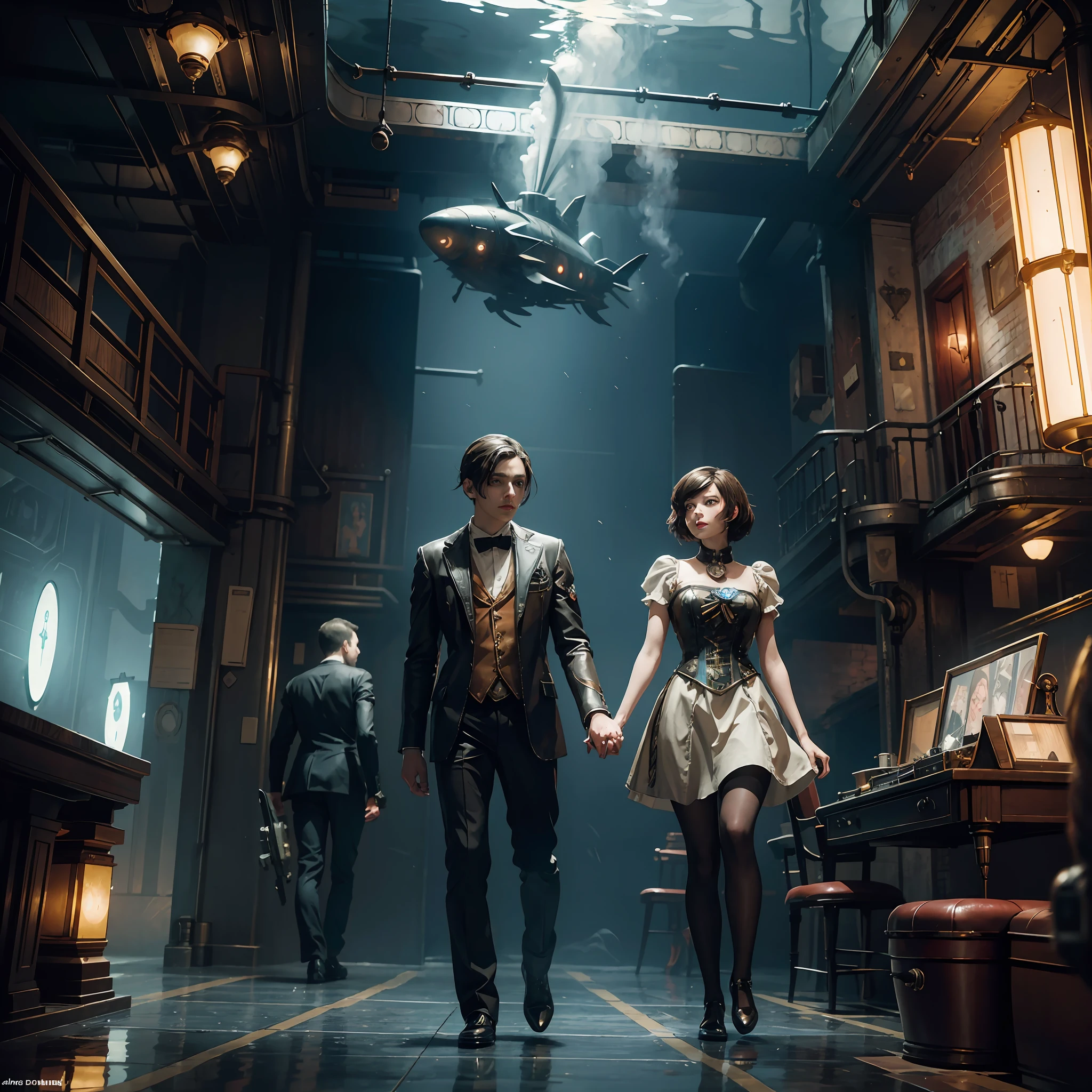 A masterpiece that is similar to Atomic heart interms of character design , robot twins left and right atomic heart, Bioshock atmosphere underwater and inovative and steampunk, various scenes ,Avant-garde, innovative, advanced, innovatory, original, experimental, inventive, ahead of the times, thought provoking, A master piece of art that is of an steam punk alternate universe,characters are in a theatre, theme is similar to BioShock and Atomic Heart. Beauty,balanced ,perfection,well formed limbs,excellent eyes,extreme details ,reflections, HDR ,oled , pastel colours, beautiful lines.