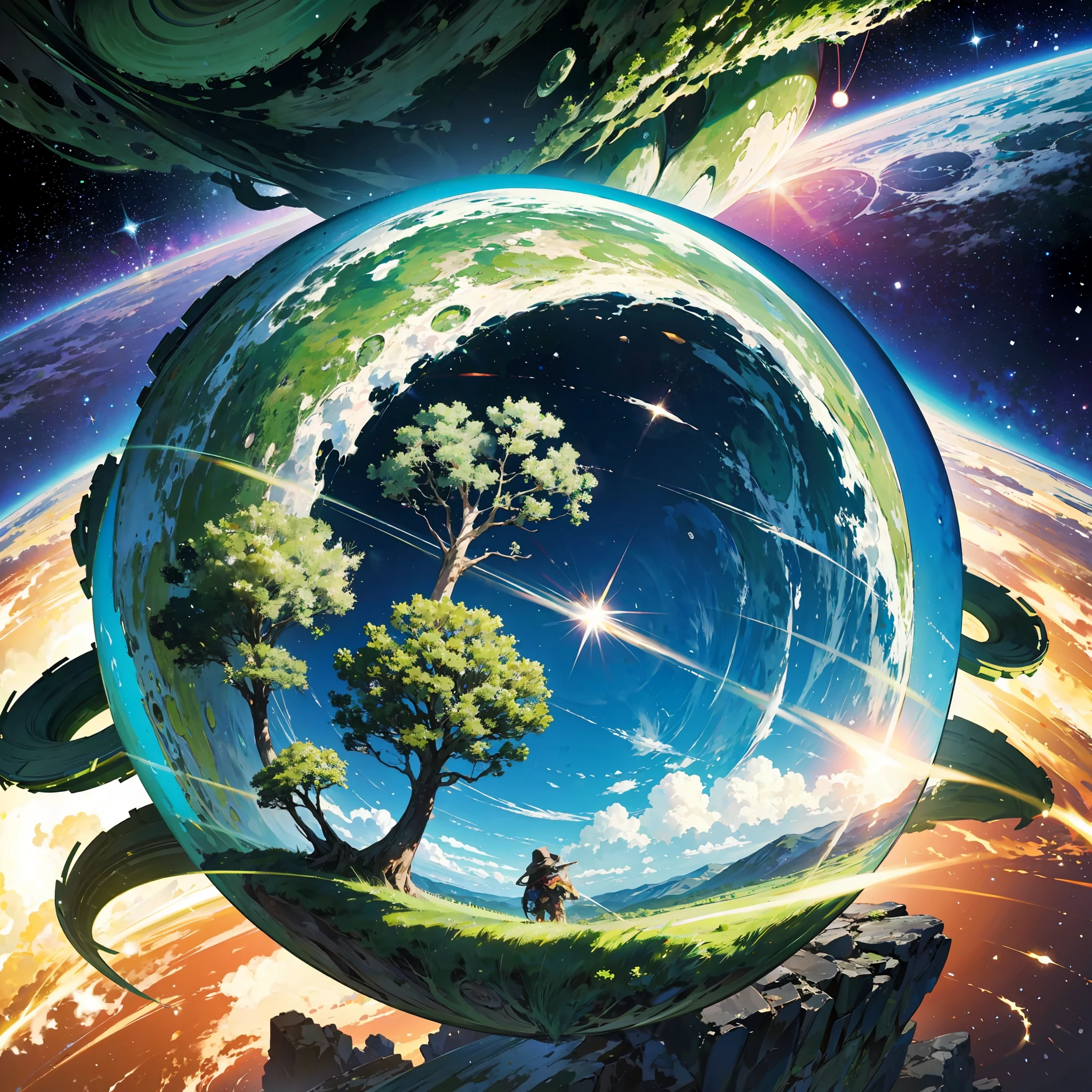Green planet with giant ring tree around planet,seen from space