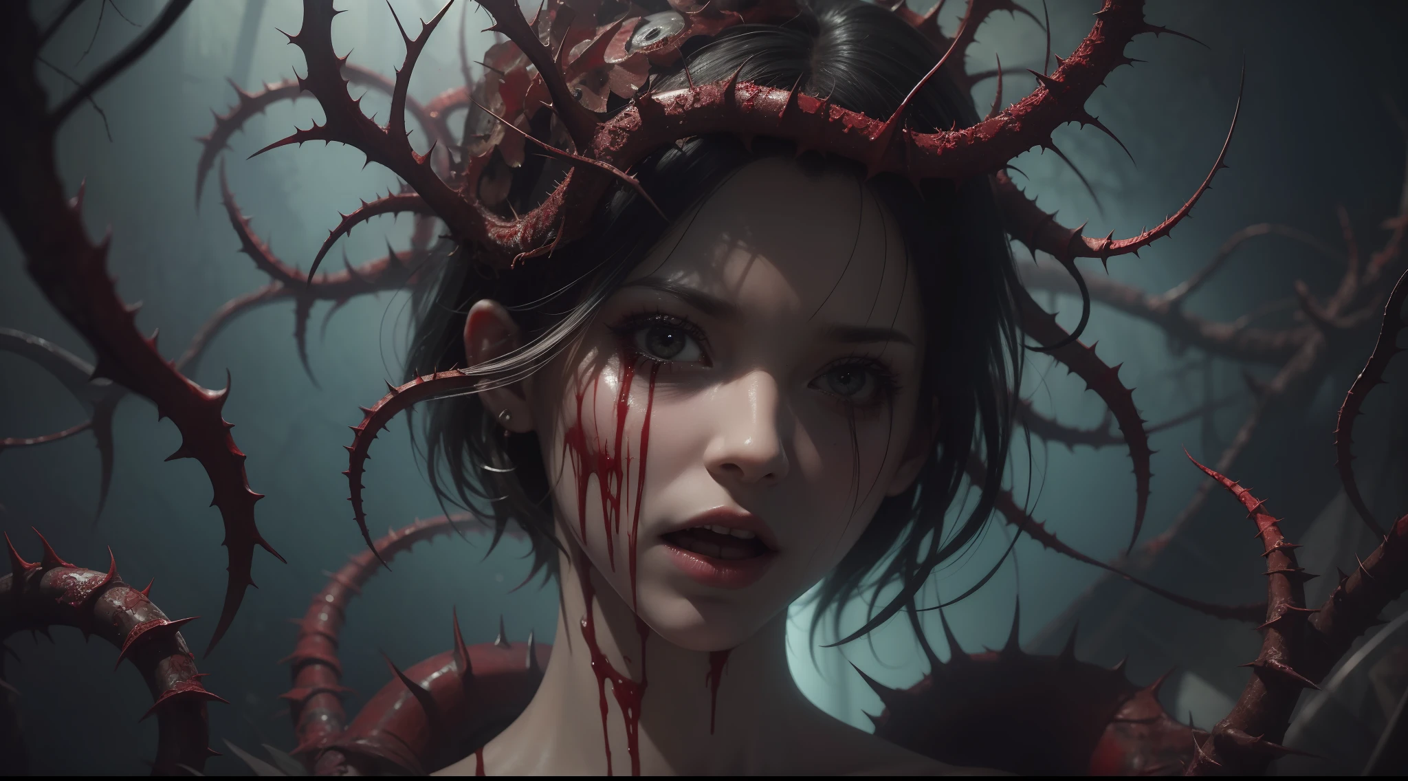 reelhorror, 1girl, humanoid, dismembered body, multiple arms, open mouth, thorns, looking at the viewer, short hair, lie, blood, tentacles, monster, wound, blood on the face, realistic, death, corpse, messy, interior, garbage, scene pov, pov, horror, hyperrealism, strong impressionist painting style, 1.618, elegant, ethereal, intricate, elaborate, hyperrealism, hyper-detailed, strong expressiveness and emotionality, cinematic lighting, visual clarity