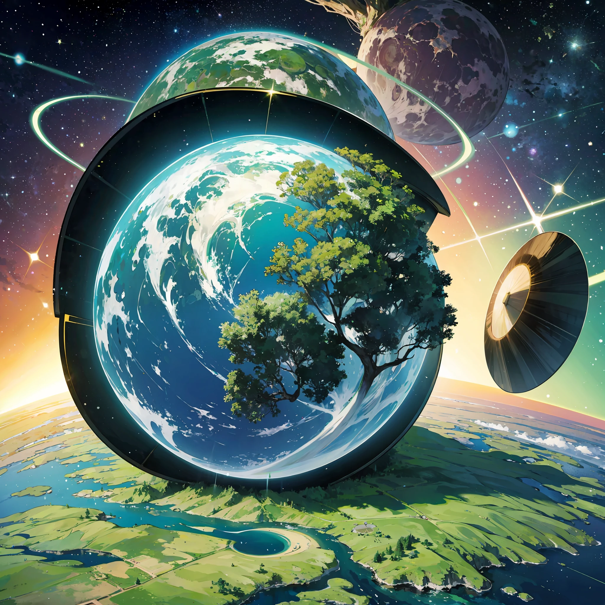 Green planet with giant ring tree around planet,seen from space