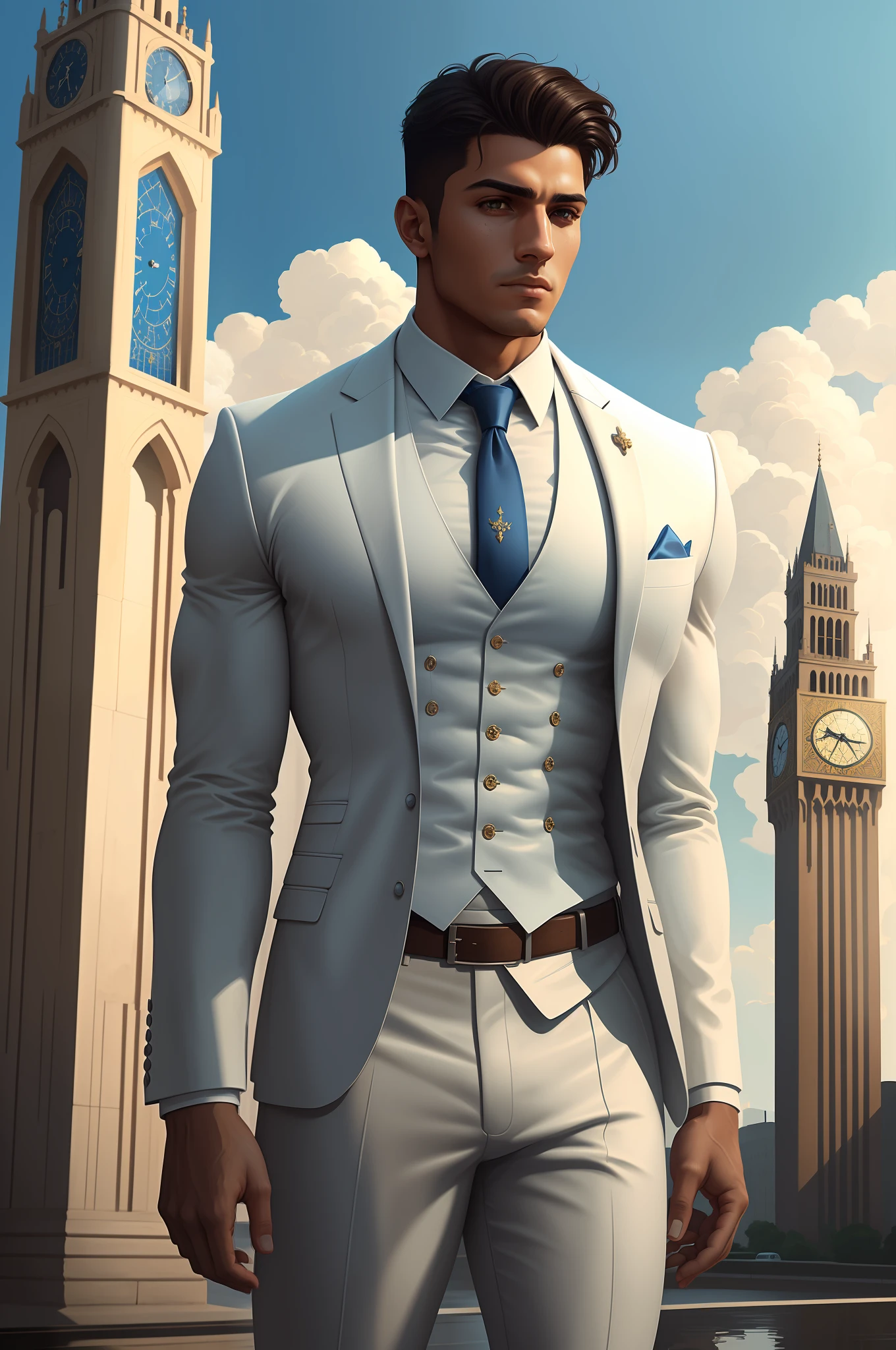 clock tower, a 30 y.o muscular arabic male wearing long-sleeve white shirt and tie, (fancy suit:1.1), digital painting, detailed, sky, f/2.8, (ultra-detailed), (artstation:1.5), radiosity, High Detail, reflection,