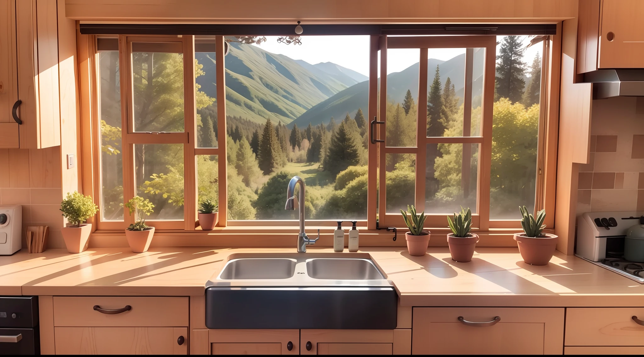 Wooden house window with a forest in the background seen through the kitchen window