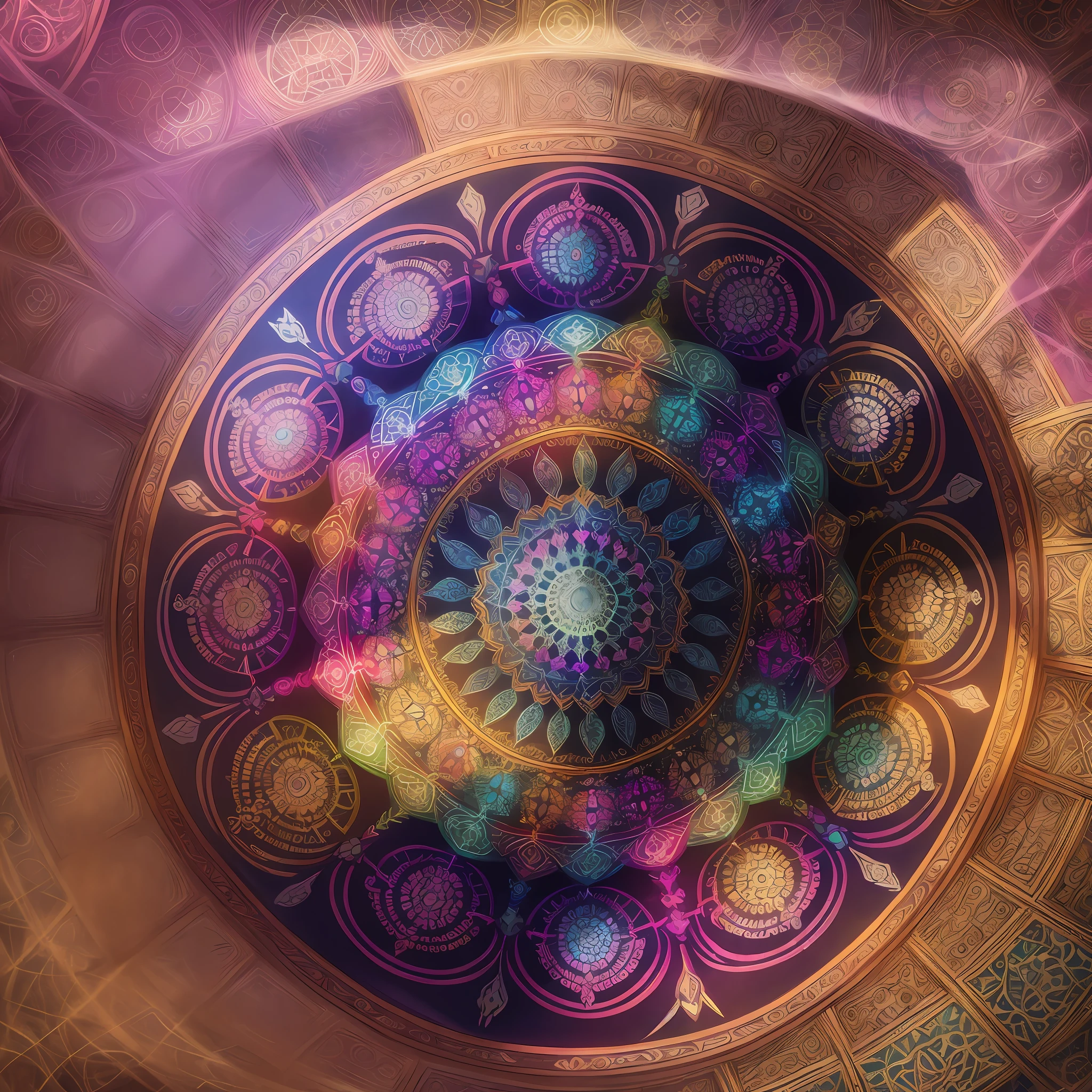 (complex systems), (rays of light) (detailed), (super realistic) , (multicolor rays), (mandala pattern), (like electrons) --auto --s2