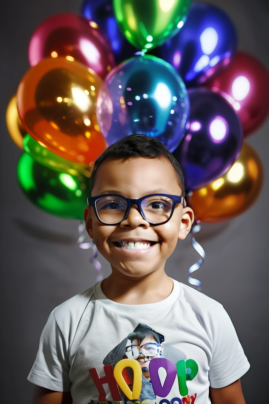 guttonerdvision5, illustration of a happy 3-year-old boy wearing glasses, wearing a birthday party hat, holding a party balloon. cinematic lighting, depth of field, realism, photorealistic, hyperrealism, professional photography, uhd, dslr, hdr, illustration by Alex Ross