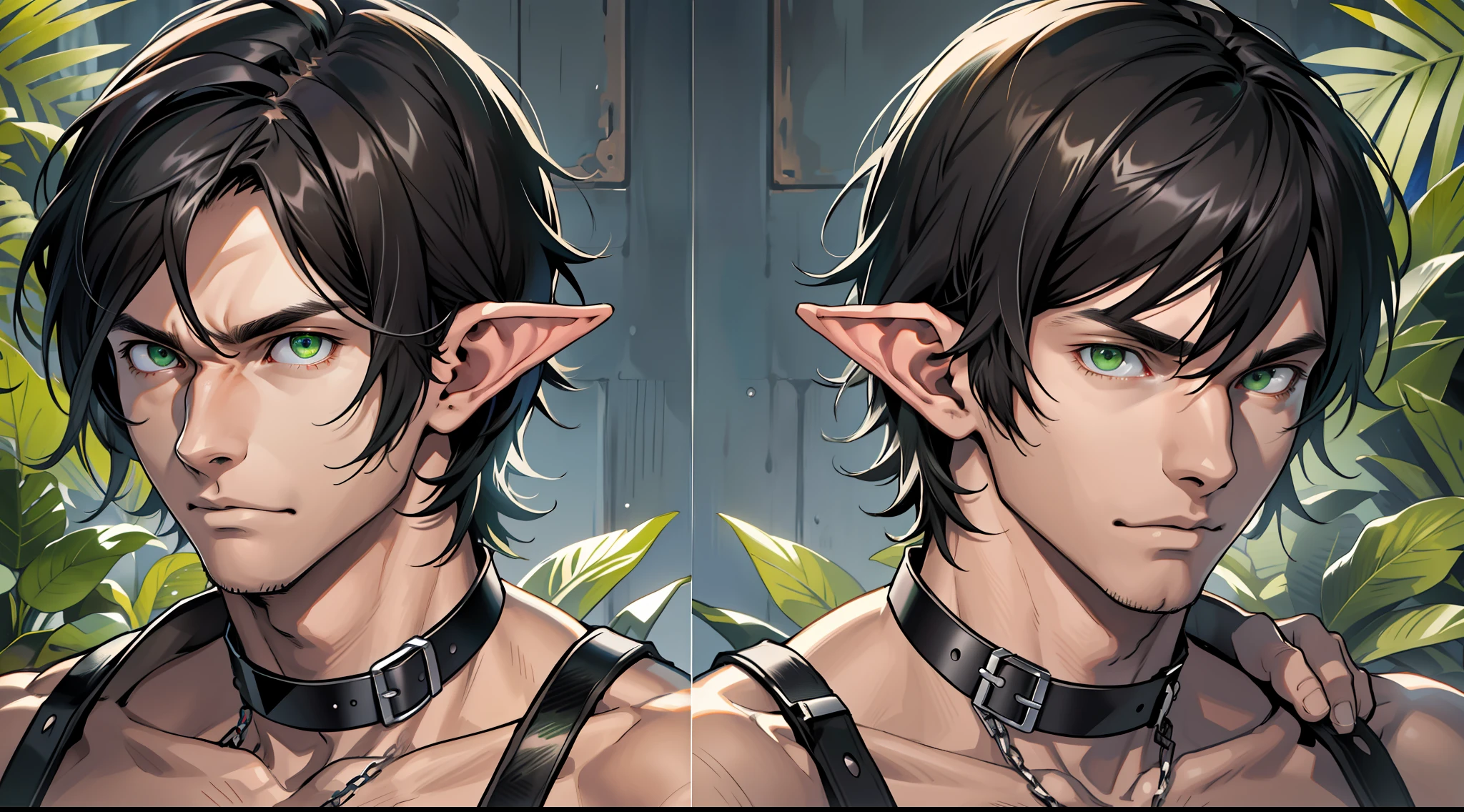 (absurdres, highres, ultra detailed), (1 solo male) 1 male, elf adult, handsome, tall slender guy, narrow eyes, narrow shoulders, finely detailed eyes and detailed face, messy shaggy black hair, side bangs, bangs, green eyes, sexy twink, shirtless, final fantasy 14, dog collar, full body shot, submissive expression, bad, naughty expression