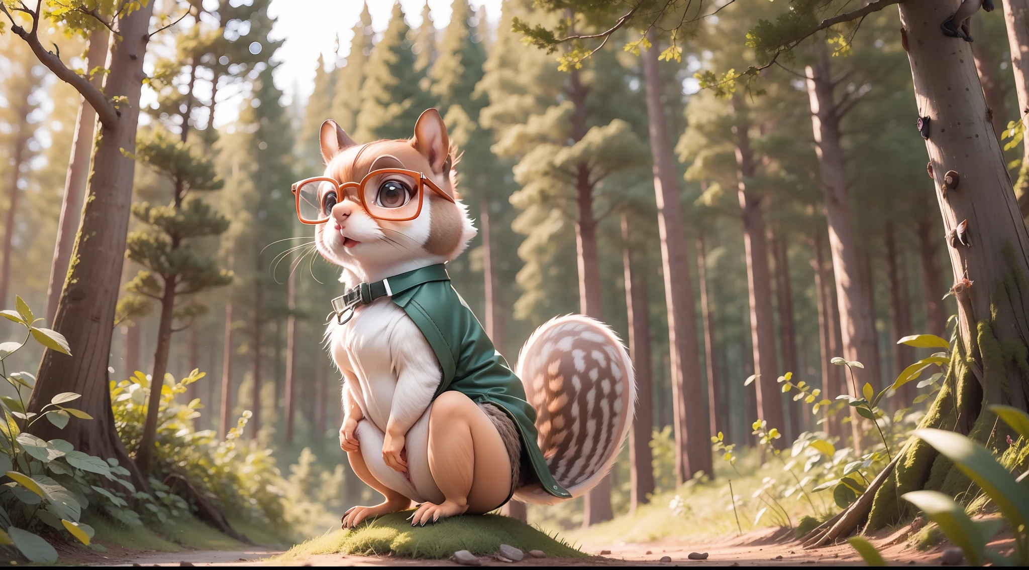 Bespectacled squirrel, with his cute tail and smart eyes, seen from a cinematic setting half from the bottom up, with a backdrop of a forest