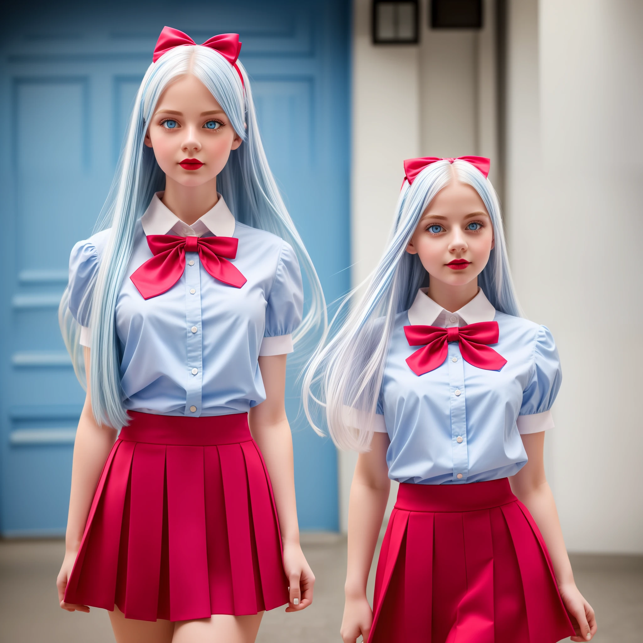 white girl 14 years realistic,beautiful,with long light blue hair to the waist,red lipstick,pink cheek,big blue eyes blue well together horizontally to the nose, school clothes white blouse with red bow and navy blue skirt,full body, , on blurry background in 10k resolution