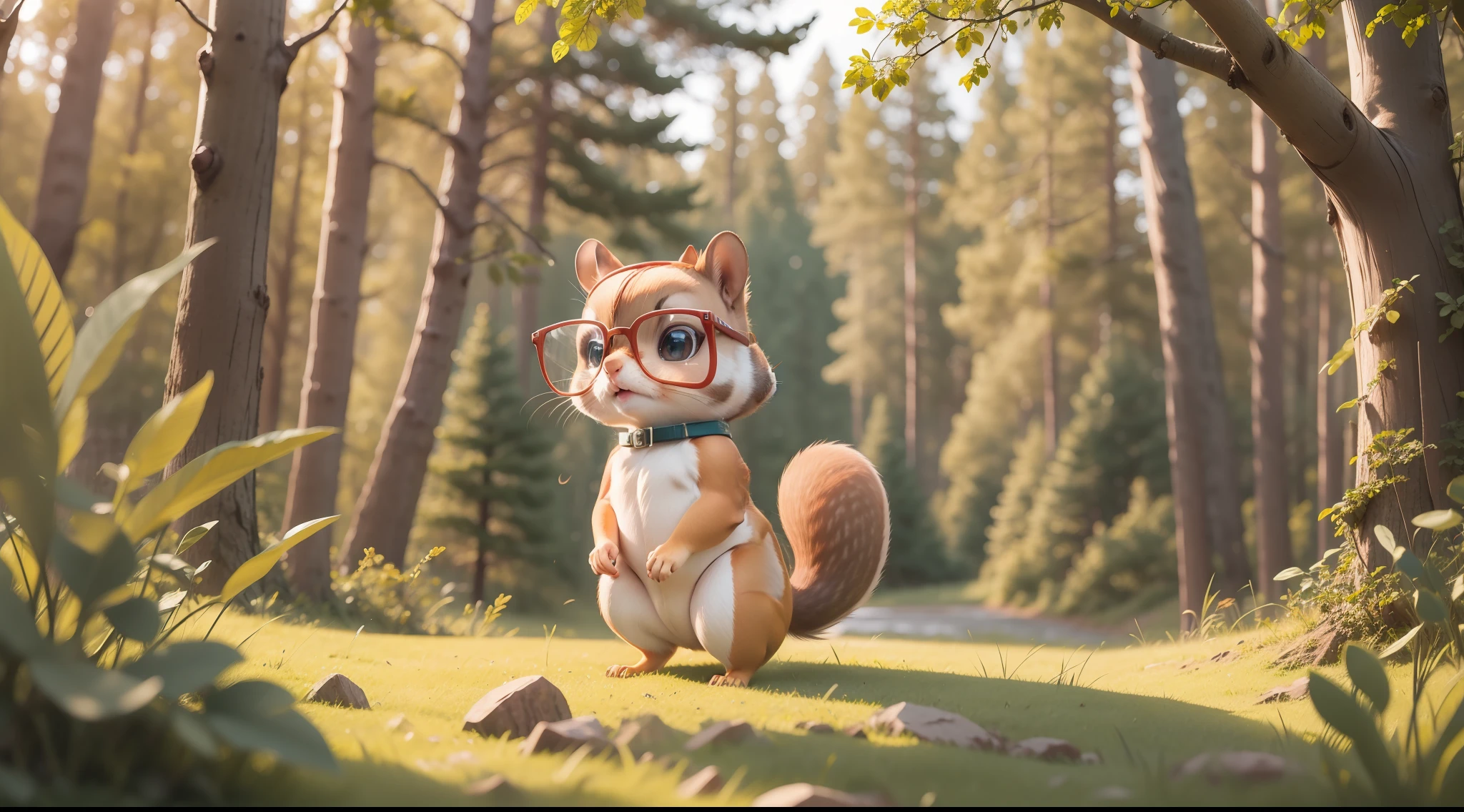 Bespectacled squirrel, with his cute tail and smart eyes, seen from a cinematic setting half from the bottom up, with a backdrop of a forest