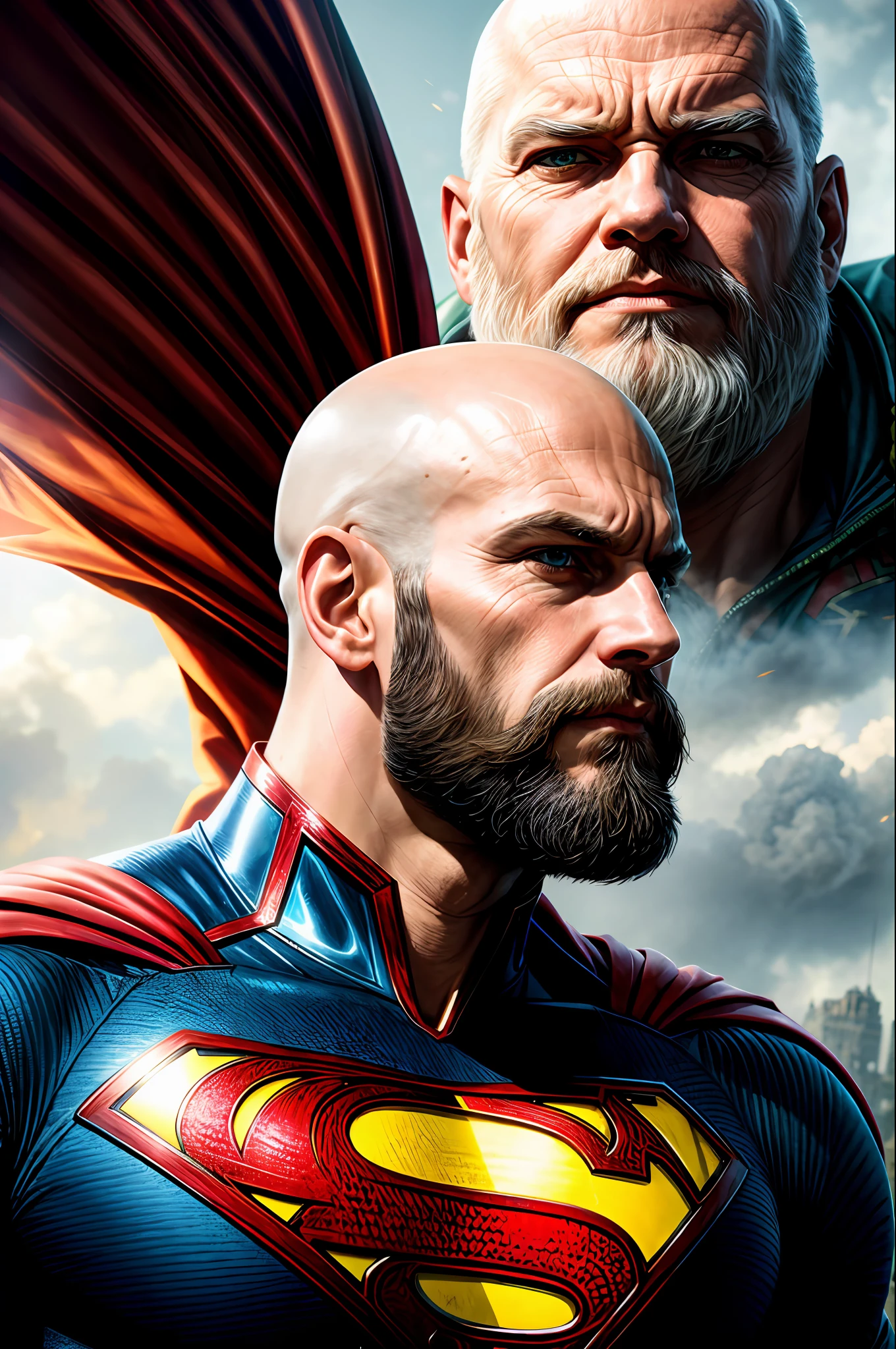 portrait of a warhammer superman, epic, tragic, military art, fantasy, dieselpunk, hd shot, digital portrait, beautiful, art station, comic style, by artgerm, cara denning, jakub rozalski, magali villeneuve and charlie bowater, bald, white beard
