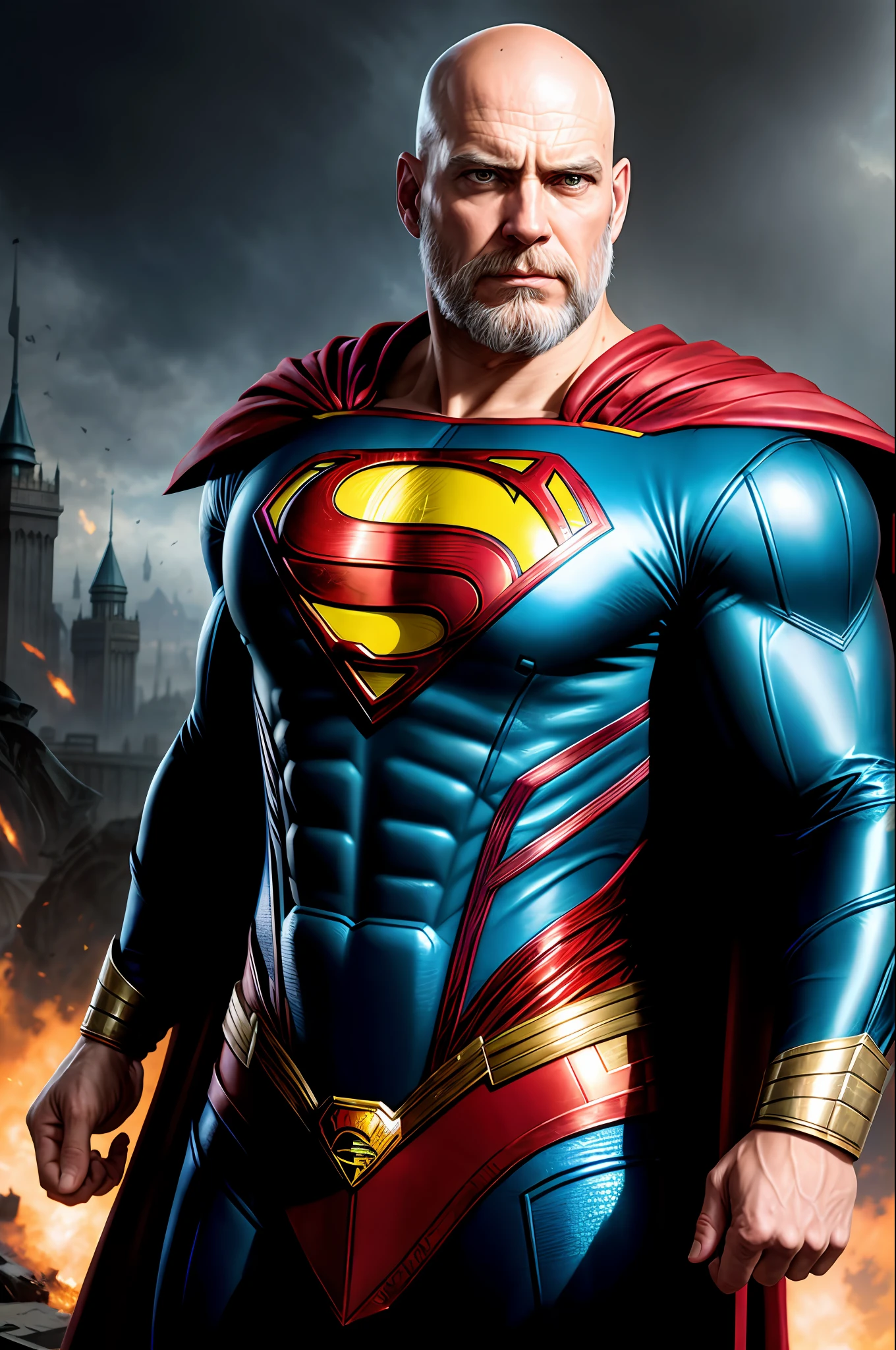 portrait of a warhammer superman, epic, tragic, military art, fantasy, dieselpunk, hd shot, digital portrait, beautiful, art station, comic style, by artgerm, cara denning, jakub rozalski, magali villeneuve and charlie bowater, bald, white beard