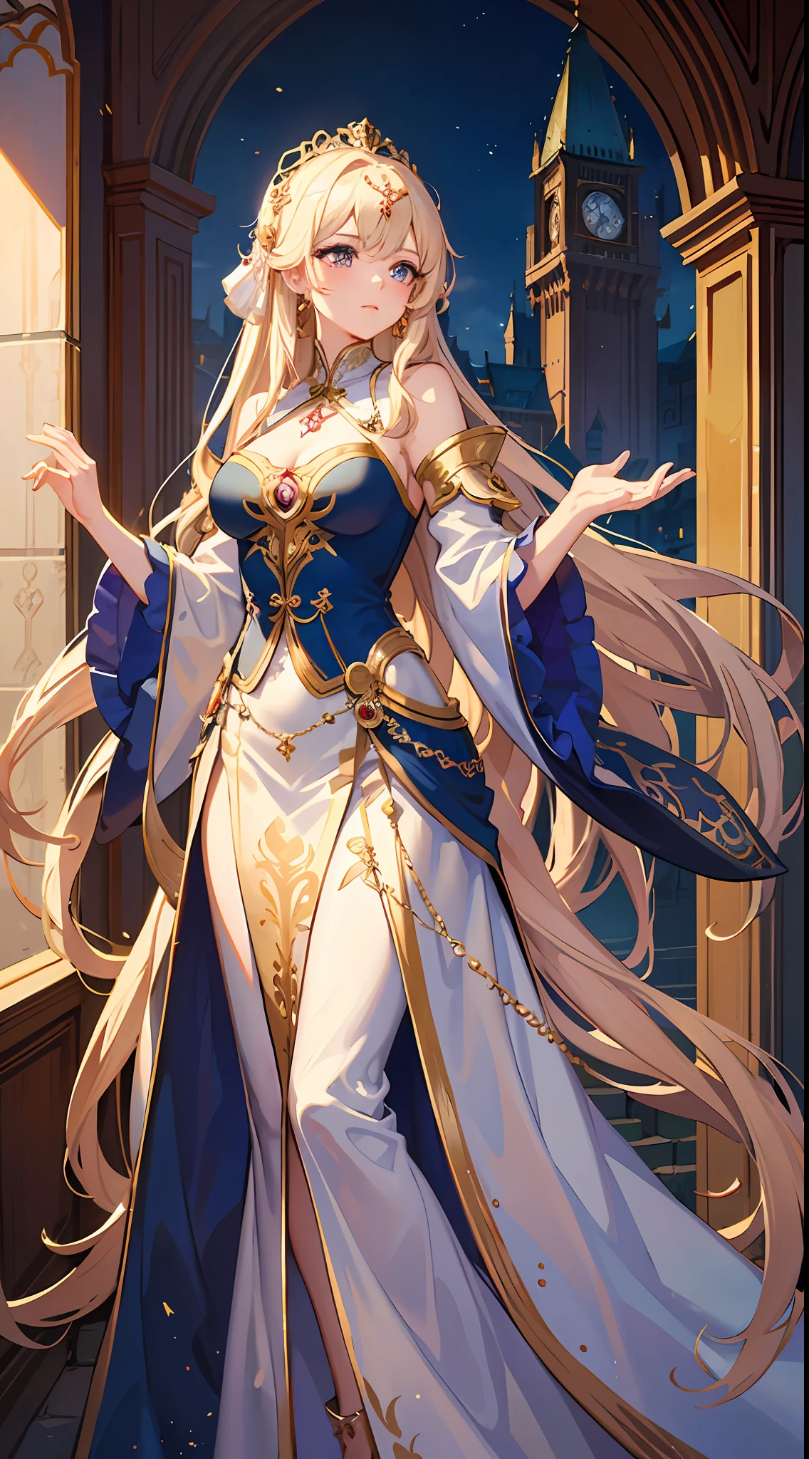 (masterpiece, best quality, 8k), 1girl, gorgeous girl, fantasy empress, gorgeous [classical clothes|chinese clothes], delicate patterns and trims, long flowing hair, shining eyes, vivid colours, cinematic lighting, best shadow, best illustration, standing, stunning buildings, outdoor,
