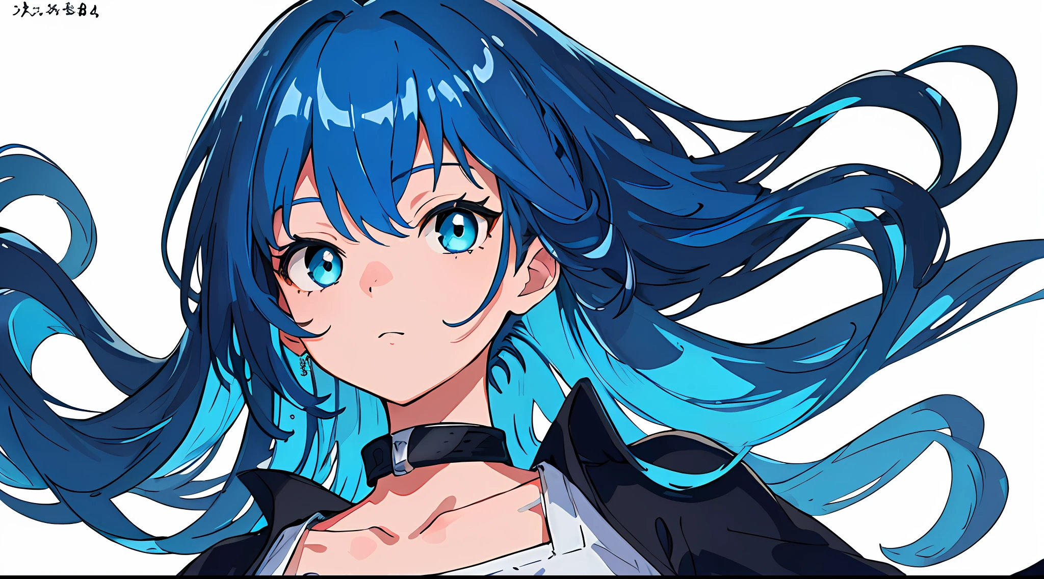 (Masterpiece, high-detailed, ultra resolution, clear, soft art) (looking at the side, looking at the left:1.3), 1girl, solo, standing, upper-body, face only, close-up, light aqua hair, aqua eyes, , (colored inner hair, dark blue hair:1.3), long hair, wavy hair, hime cut, straight hair, sidelocks, black sweater, high collar, open collar, collarbone, simple background, white background, boring background, beautiful detailed eyes, detailed hands, sasuke clothes, sasuke shirt