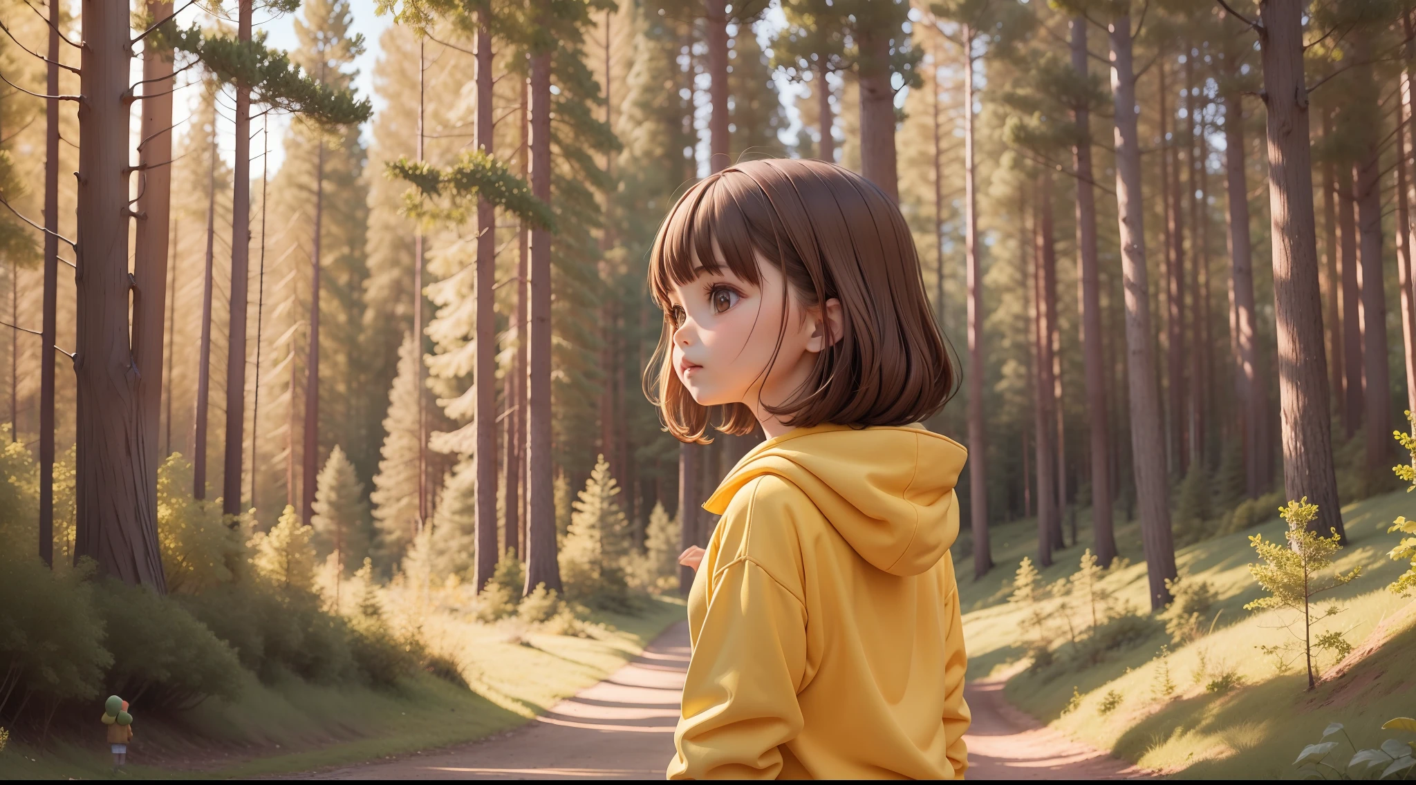 7 year old girl with yellow sweatshirt, dark brown hair, talking, forest scenery, camera view from bottom to top