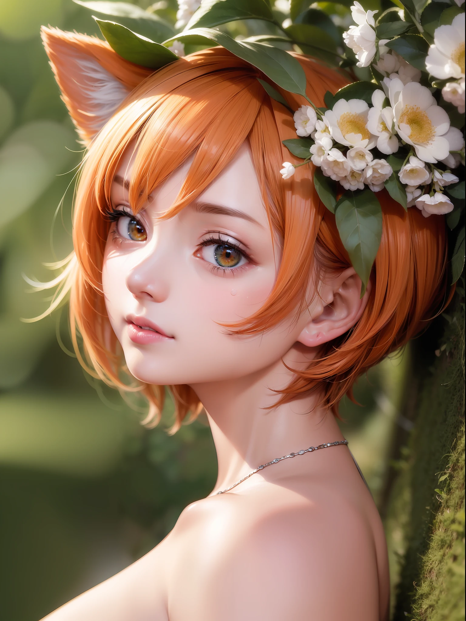 ((masterpiece)), (ultra high res,photorealistic,realistic,best quality,photo-realistic), (((high detailed skin,visible pores))),(real person,photograph), (8k, raw photo, best quality, masterpiece),(1 cute girl),(bob cut), (short orange hair), ((cat ear)), ((Japanese clothes)), Japan, sakura, flowers, ((covers the face)), (green eyes), (orange tail), naked, automatic white balance,(((face close-up))), ((((looking at viewer))))